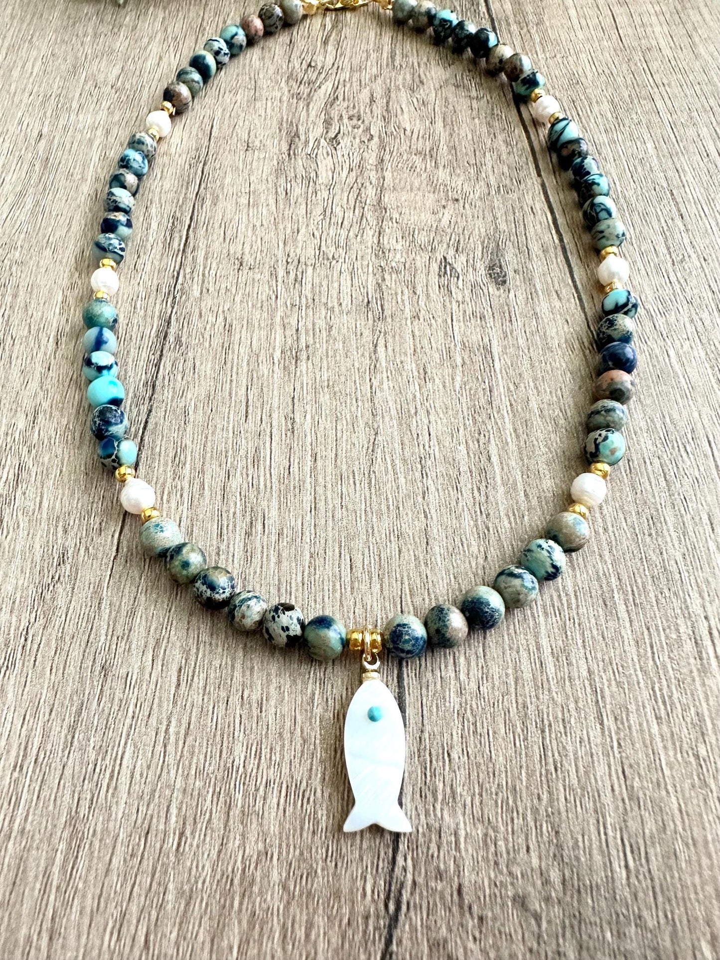 Dark Blue Sea Jasper Beads and Freshwater Pearls Beaded Pearl Fish Necklace -Gift-Wedding-Bridesmaids
