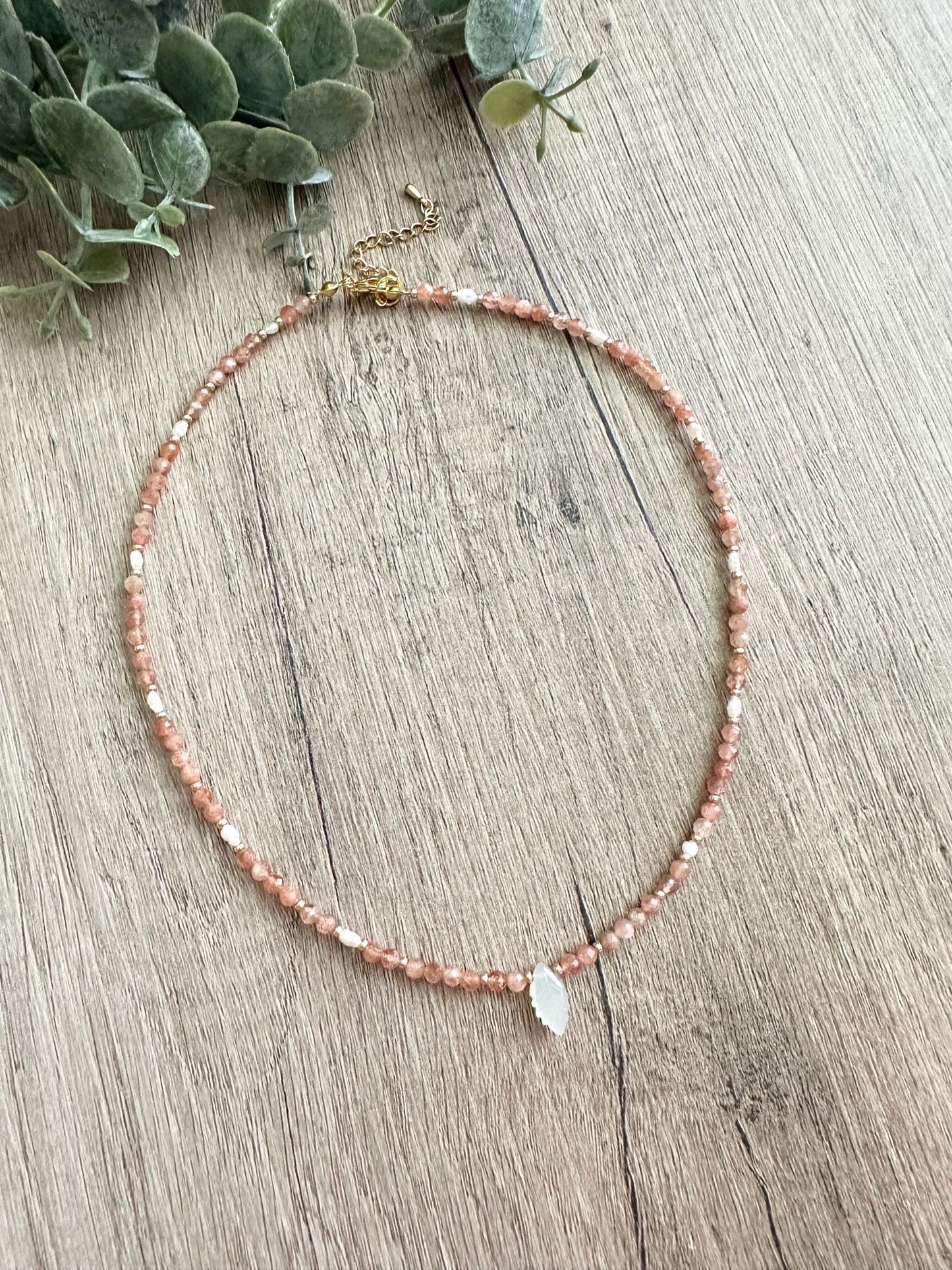 Sunstone and Freshwater Pearls Beaded Pearl Leaf Necklace -Gift-Wedding-Bridesmaid