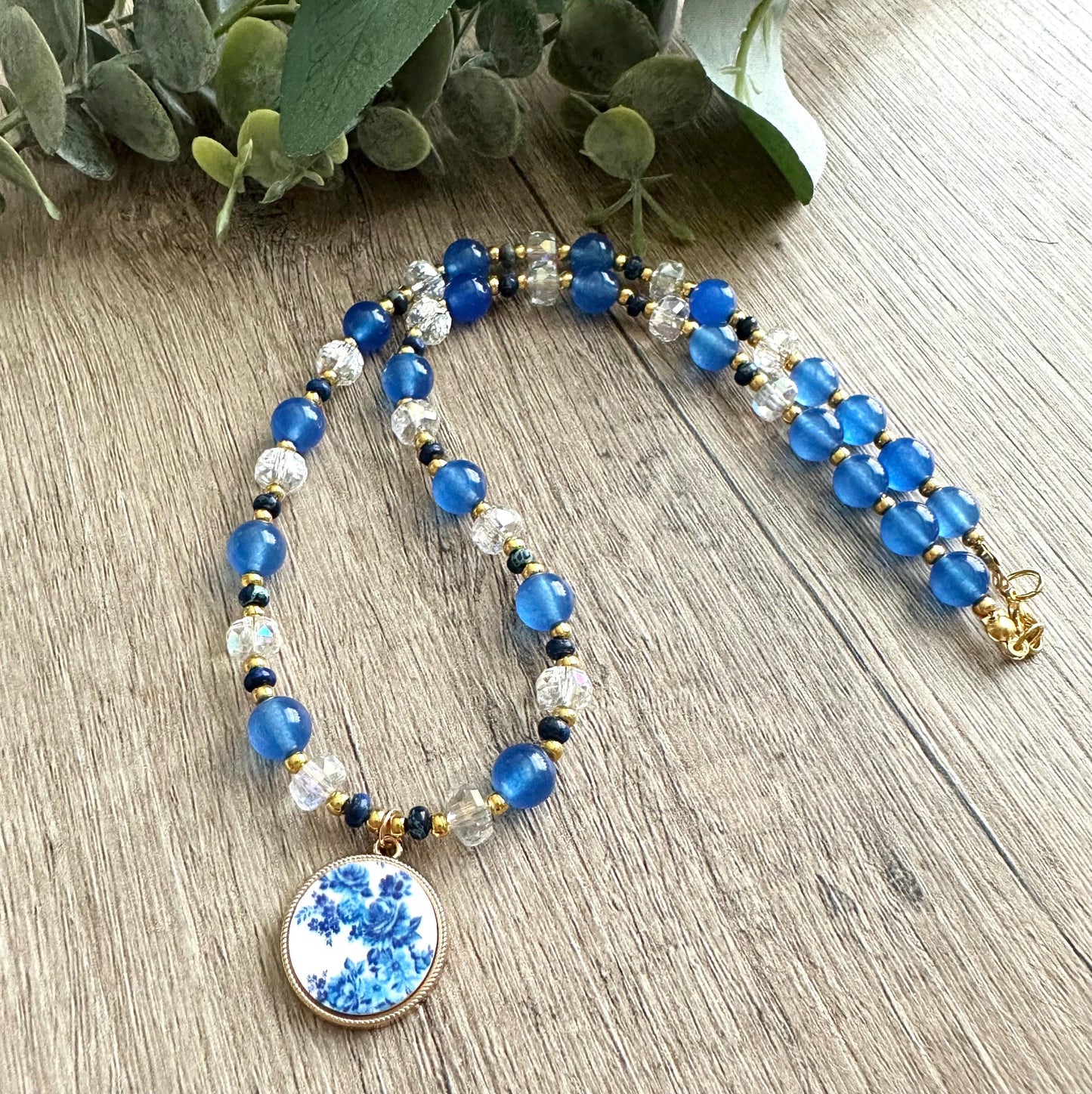 Blue Beaded With Porcelain Floral Pendant Necklace -Gift-Wedding-Bridesmaid