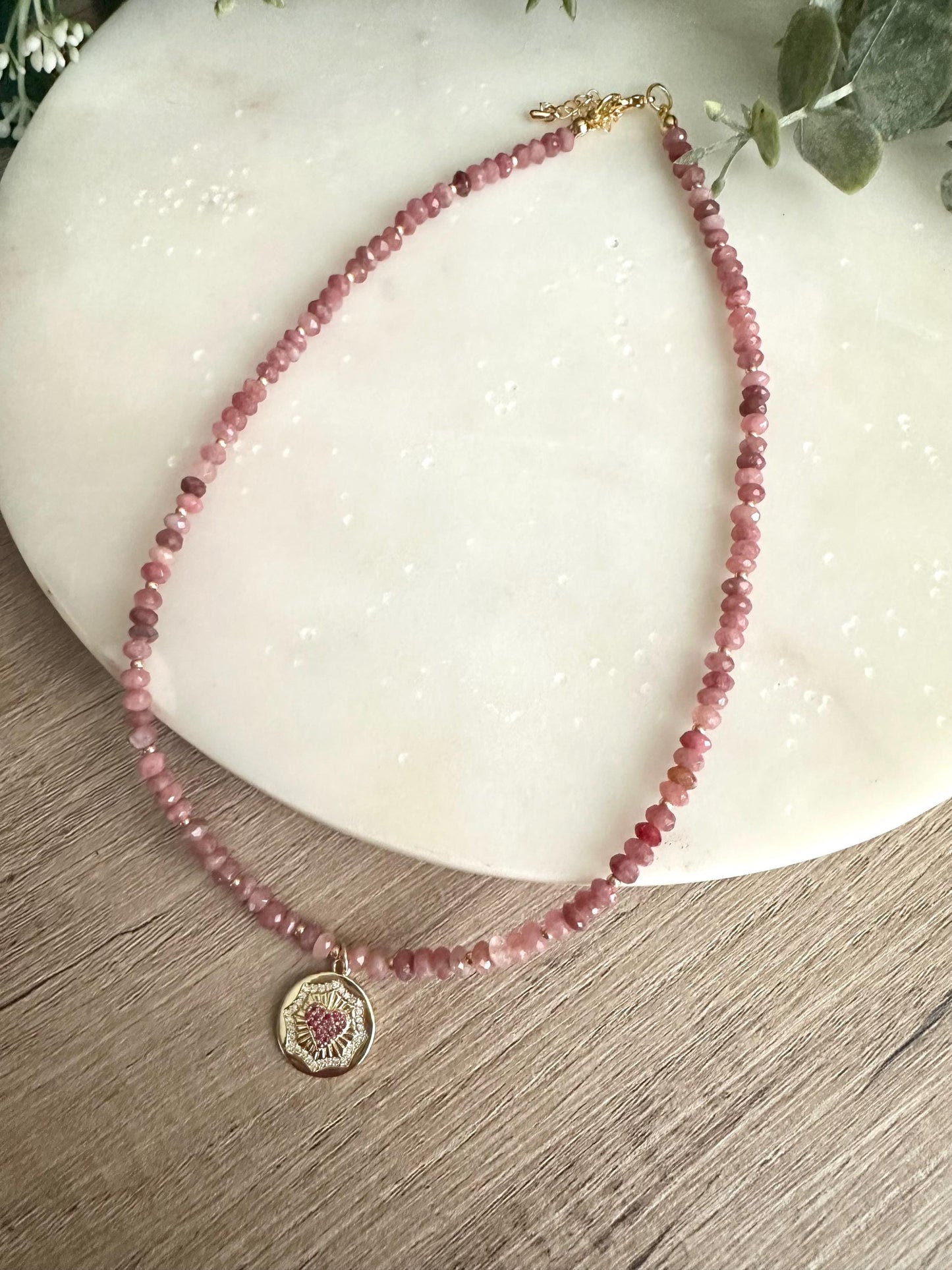 Rosy Dreams- Pink Tourmaline Heart Coin Beaded Necklace -Gift-Wedding-Bridesmaid