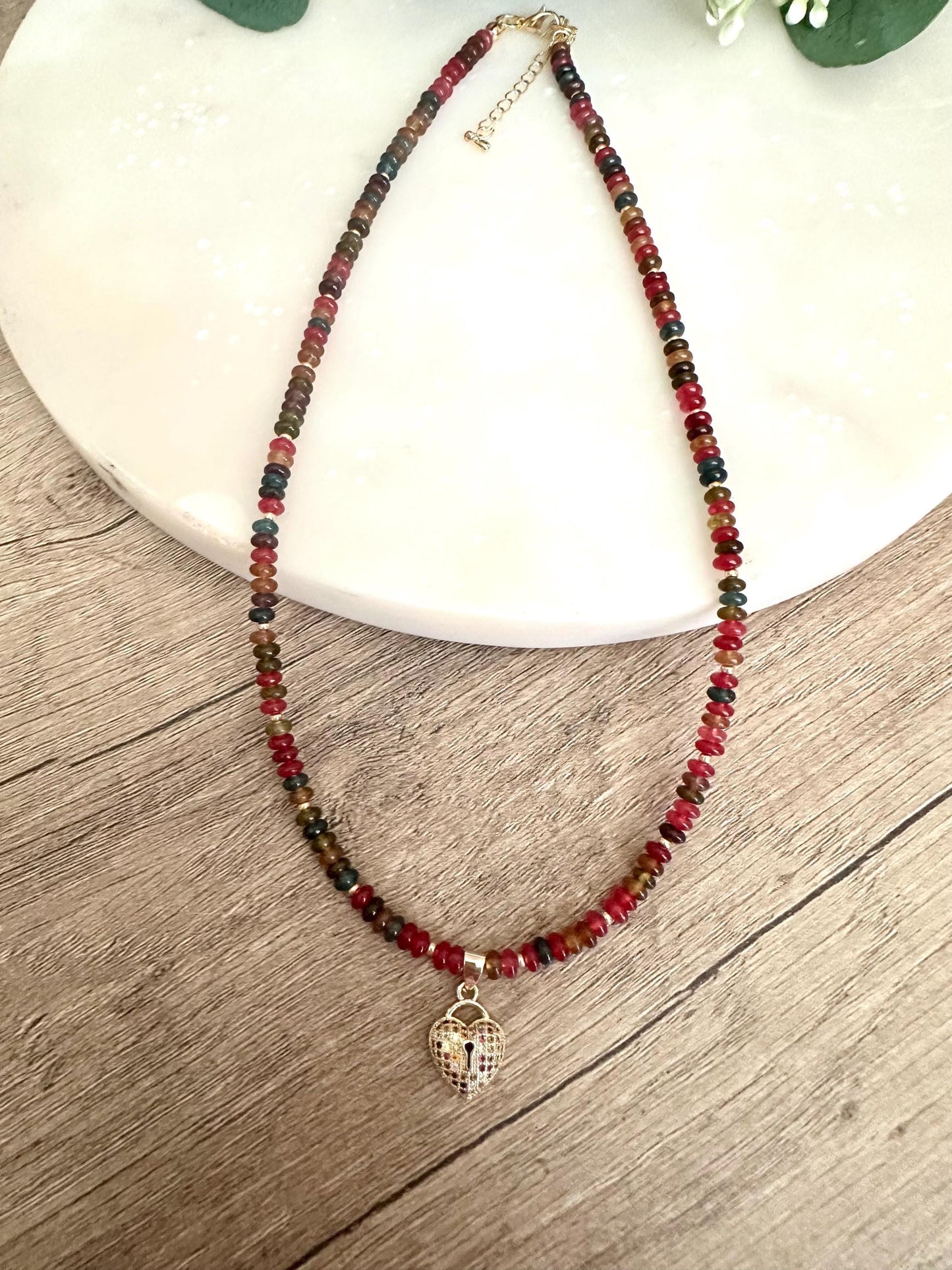 Fall Multicolor Tourmaline Beaded Heart Necklace -Gift-Wedding-Bridesmaid