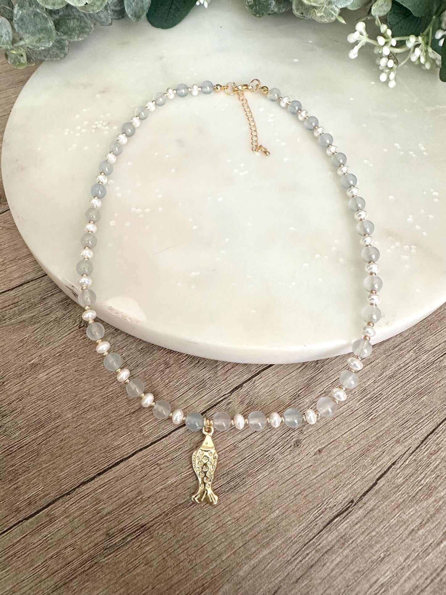 Pale Blue Seaglass and Pearls Beaded Necklace with Fish Pendant-Gift-Wedding-Bridesmaid