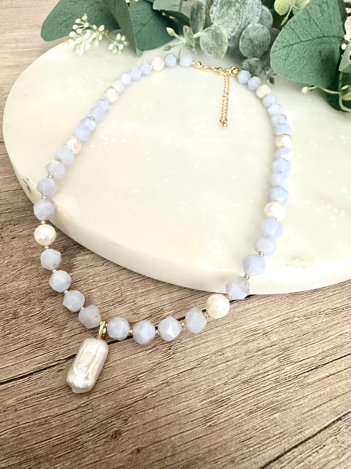Blue Lace Chalcedony Beaded Pearl Pendant Necklace -Gift-Wedding-Bridesmaids