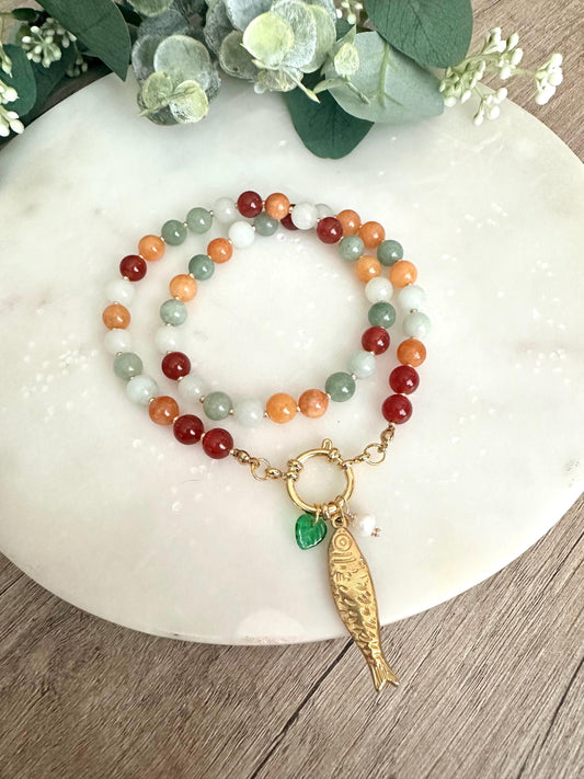 Autumn Multi color Beads Necklace with Fish Charm