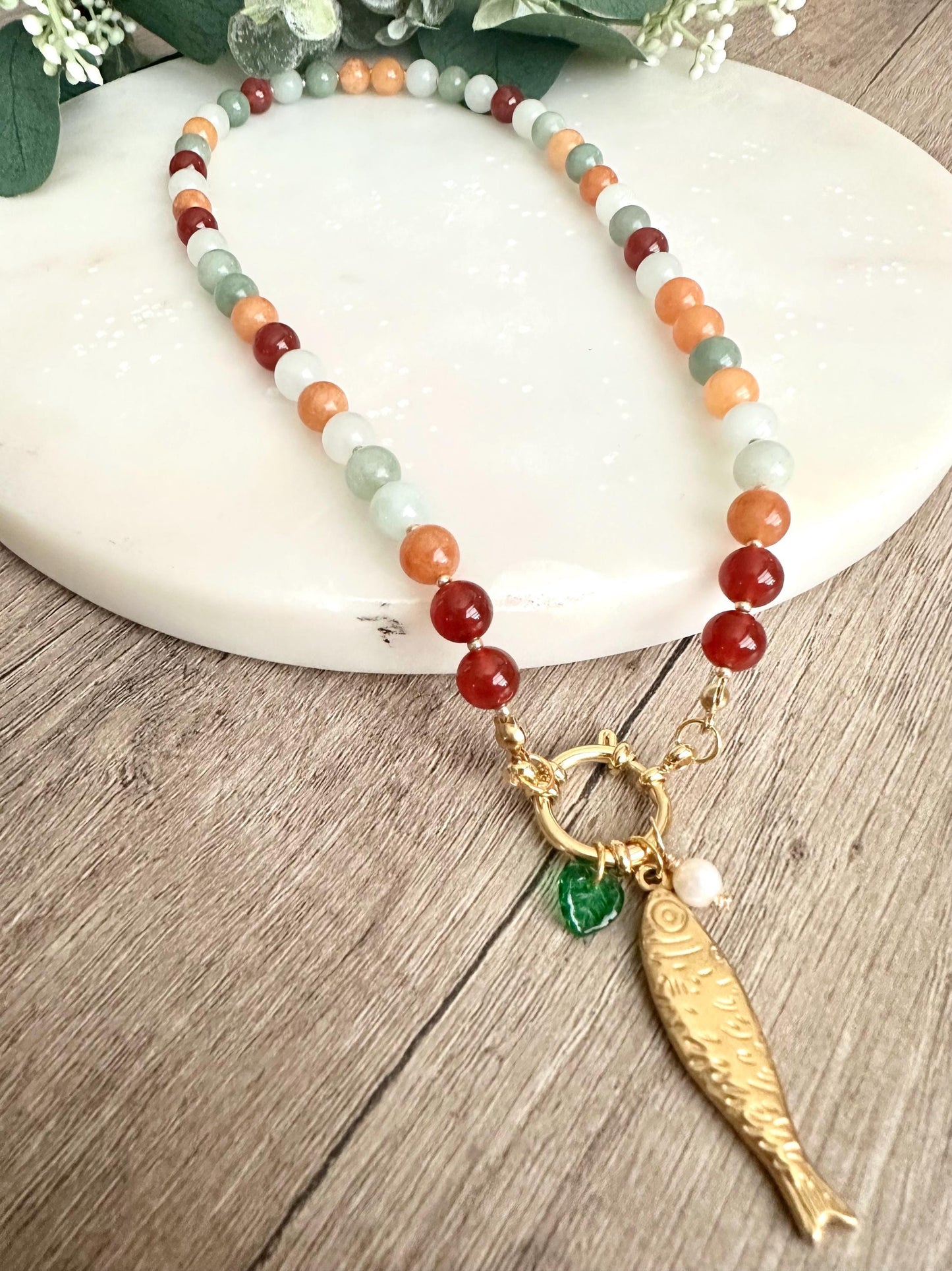Autumn Multi color Beads Necklace with Fish Charm