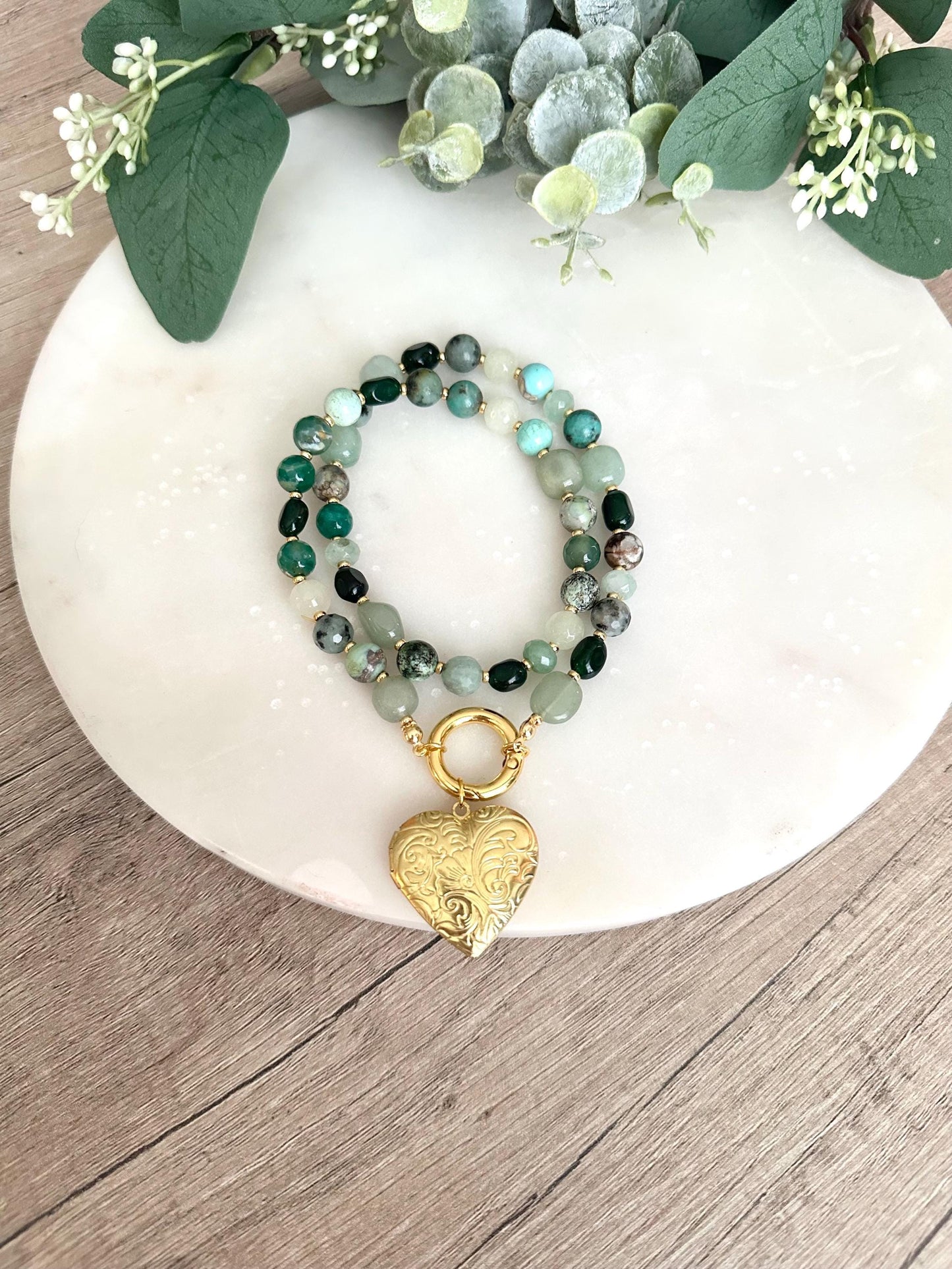 Green Gemstone Beaded Locket Necklace -Gift-Wedding-Bridesmaid