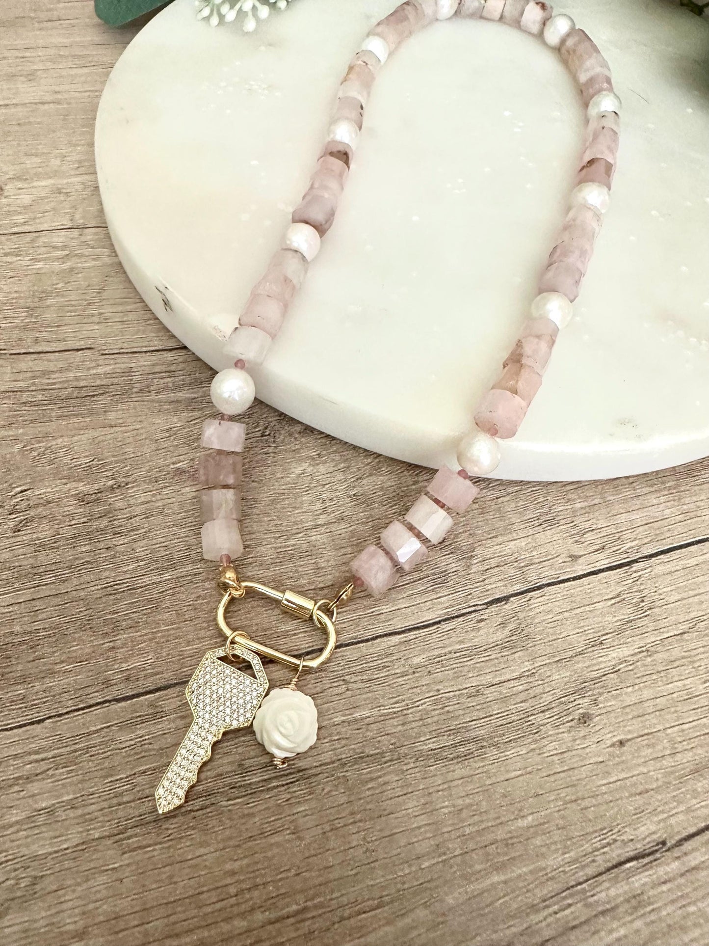Madagascar Rose Quartz Beaded Necklace CZ Key Pendant Chunky Necklaces -Gift-Wedding-Bridesmaid