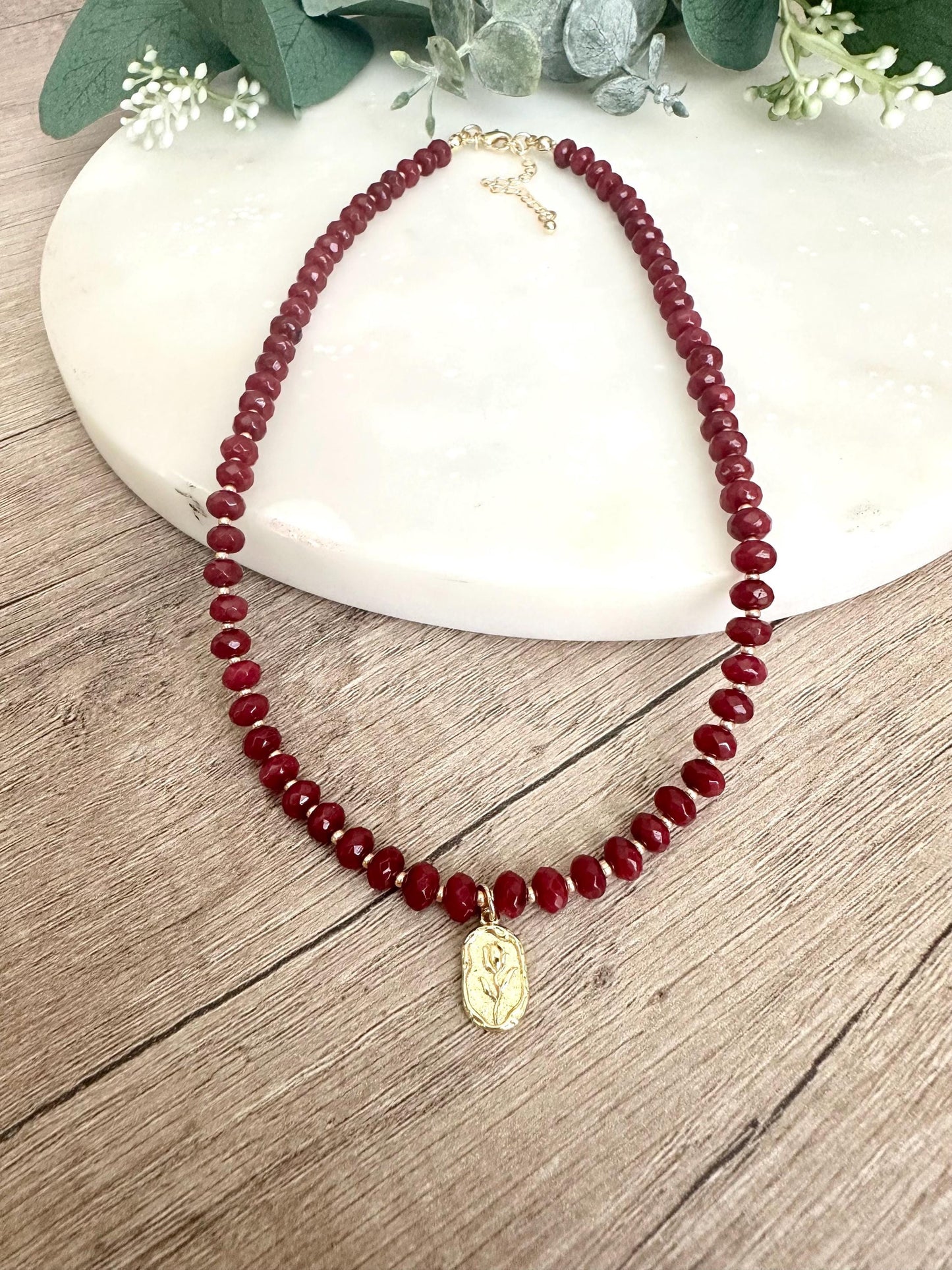 Ruby Red Jade Beaded Necklace with a Rose Pendant
