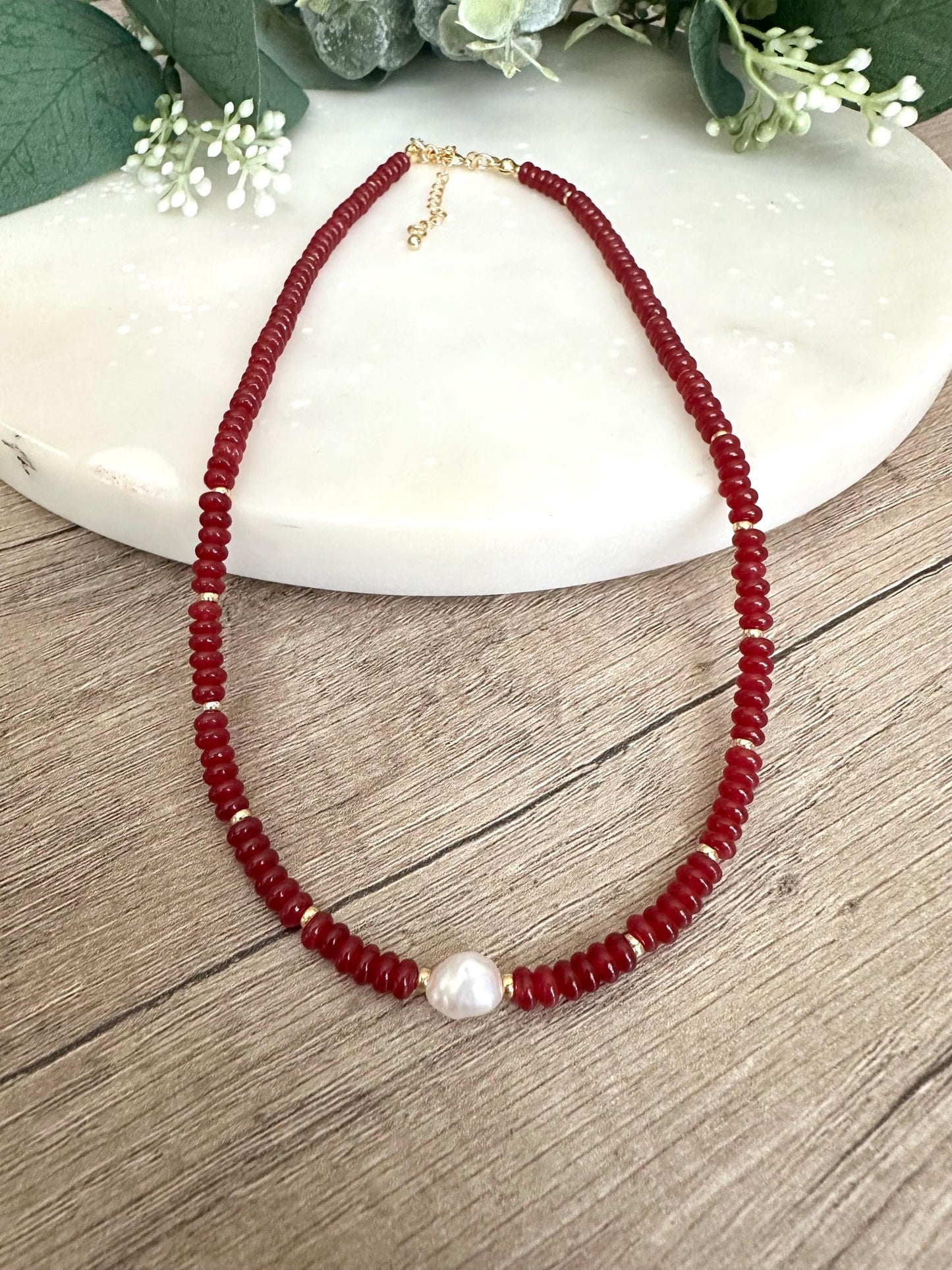 Dark Red Jade with Freshwater Pearl Beaded Necklace -Gift-Wedding-Bridesmaid