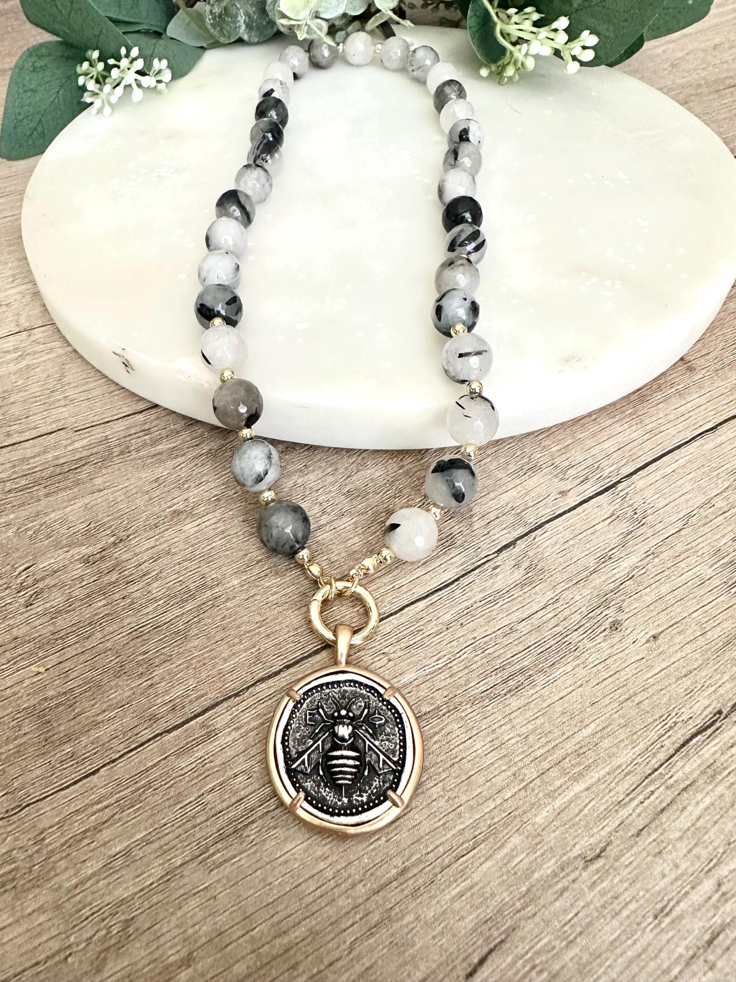 Black Rutilated Quartz Beaded Necklace Coin Bee Pendant Chunky Necklaces -Gift-Wedding-Bridesmaid
