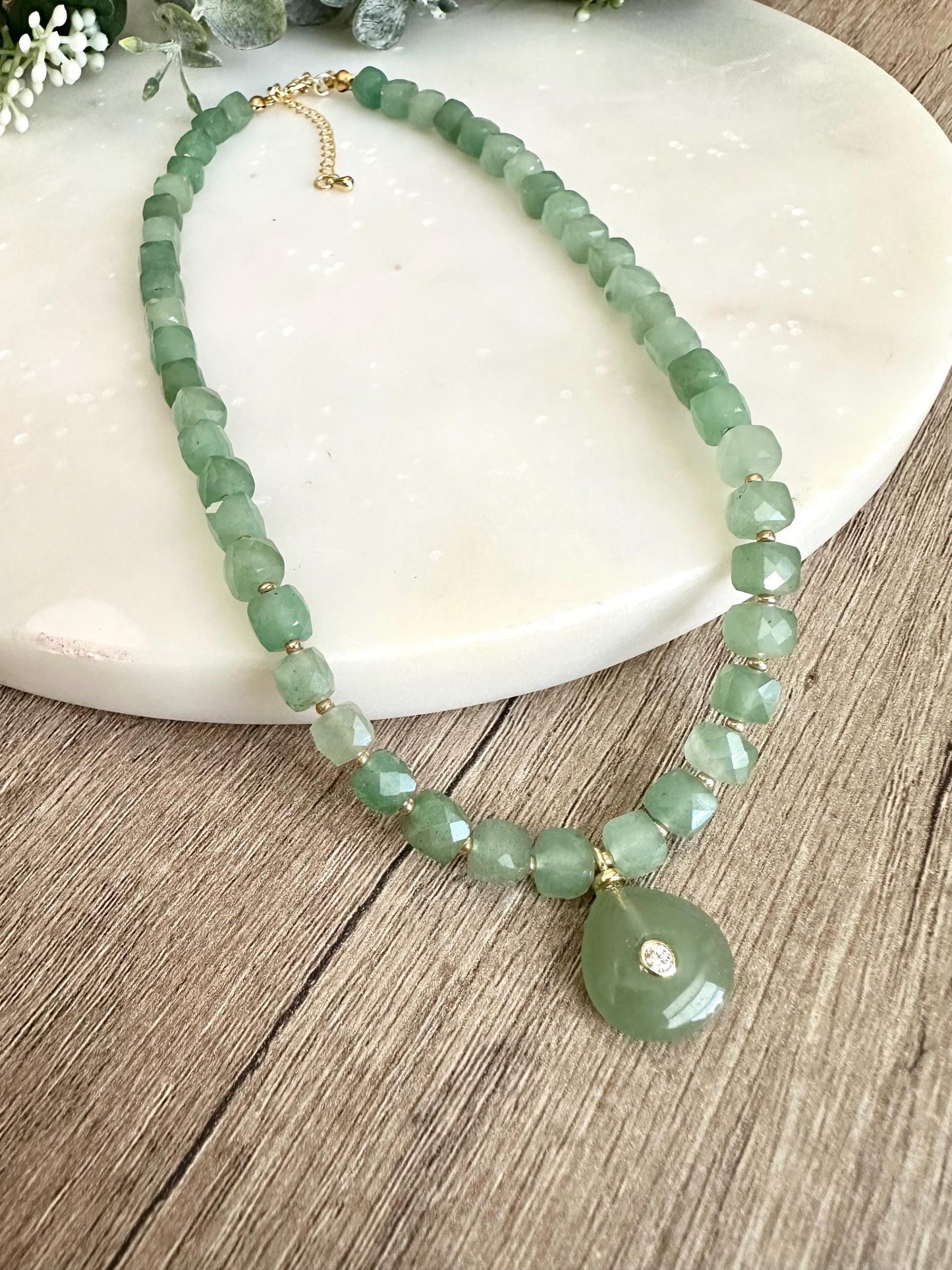 Green Aventurine and Beaded Necklace with Pendant -Gift-Wedding-Bridesmaid