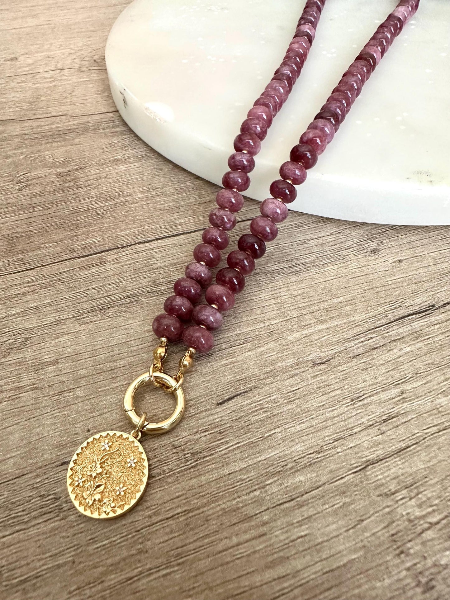 Plum Purple Jade Beaded Necklace with Flower Coin Pendant- Gift for Her
