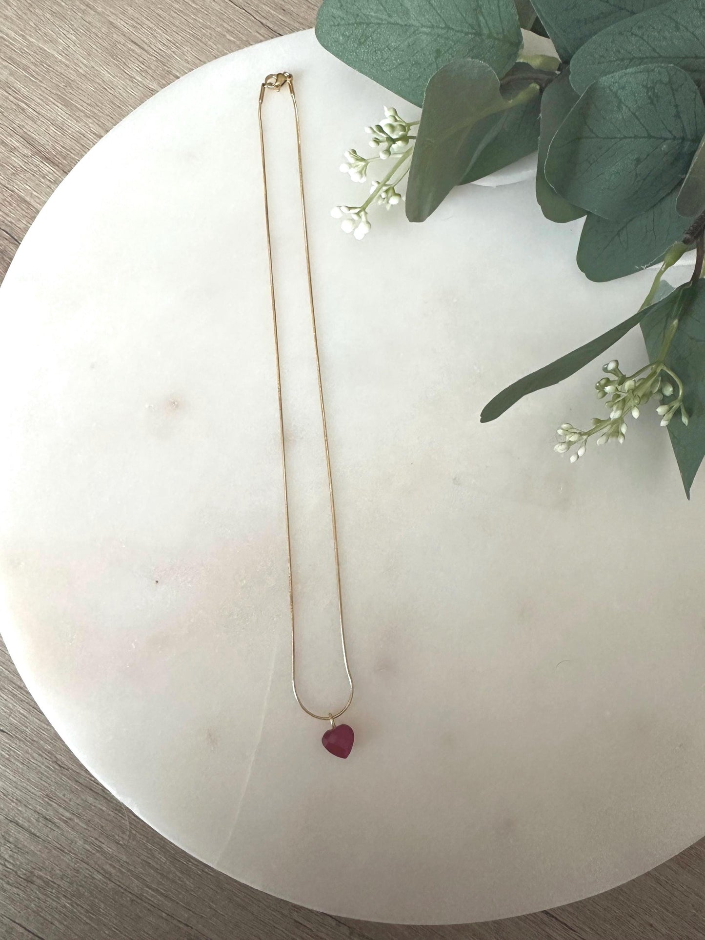Ruby Heart Pendant Necklace | Gold Stainless Steel Snake Chain | 18” Dainty Layering Necklace | Romantic Gift for Her