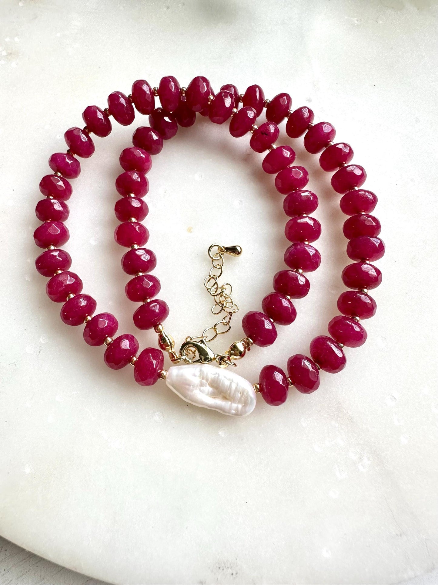 Red Ruby Jade with Freshwater Pearl Beaded Necklace -Gemstone Beaded Necklace