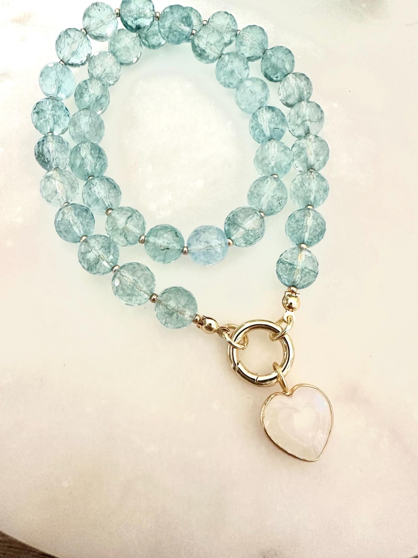 Faceted Aqua Quartz Necklace with Moonstone Heart Charm