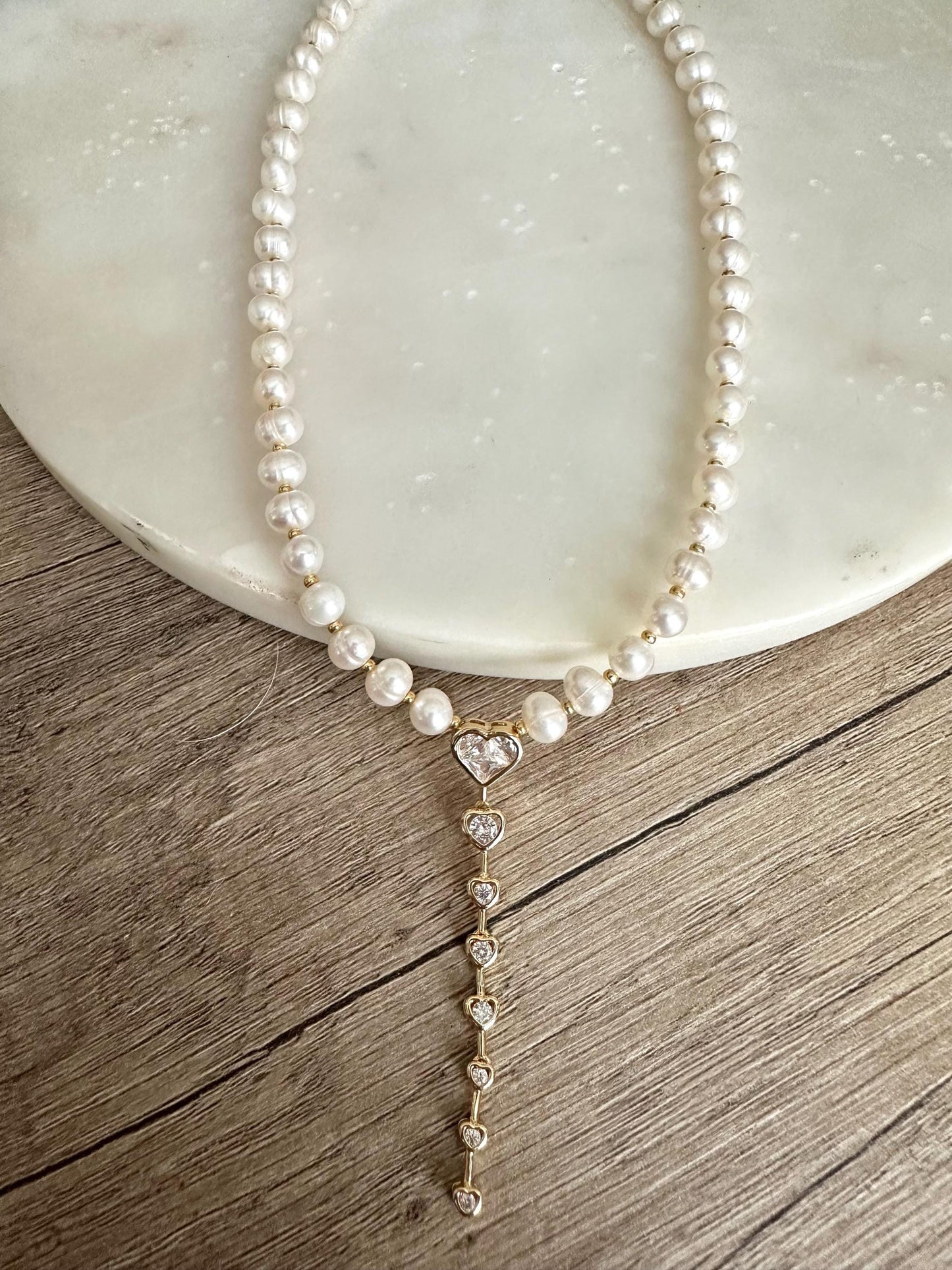 Freshwater Pearl Heart Necklace, Gold Heart Drop Necklace, Dainty Pearl Necklace, Romantic Pearl Jewelry, Bridal Necklace, Gift for Her