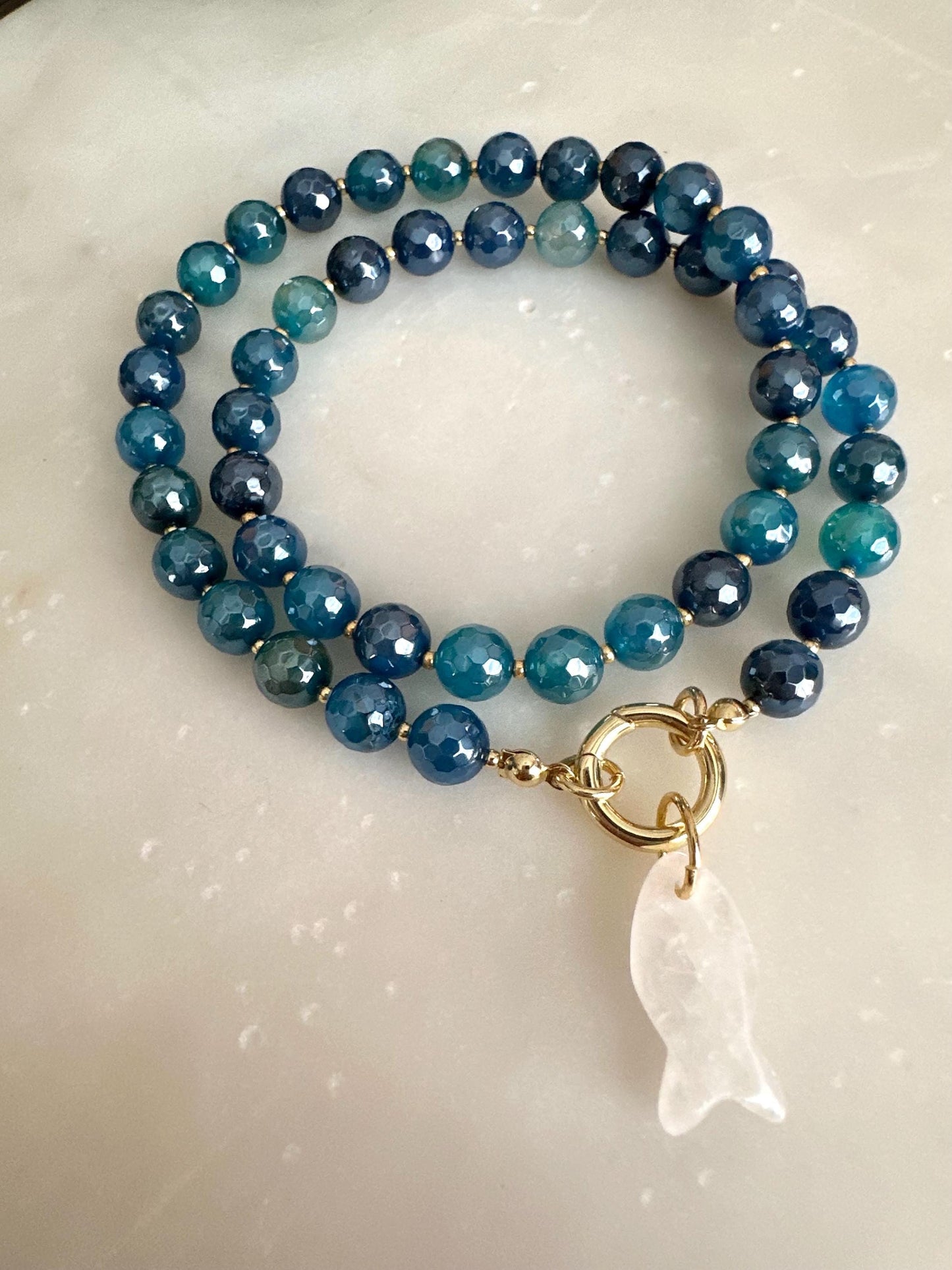 Blue Agate Beaded Necklace with White Quartz Fish Pendant, Gold Carabiner Clasp, Handmade Gemstone Necklace