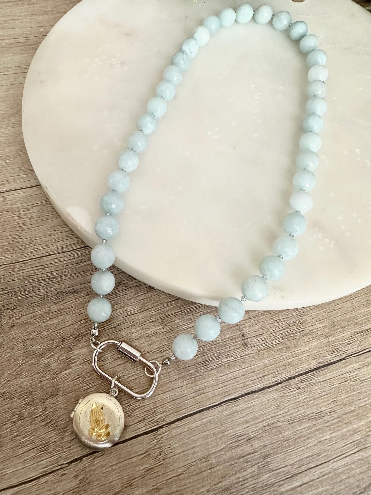 Light Blue Jade Beaded Necklace – Silver Praying Hands Locket Pendant
