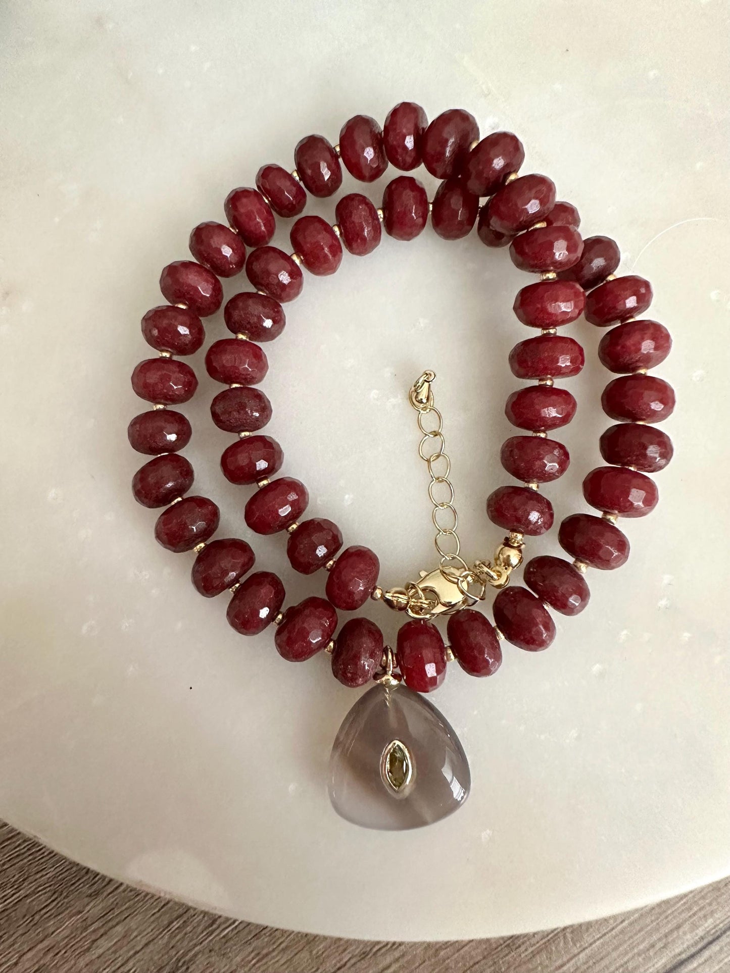 Dark Ruby Jade Beaded Necklace with Smokey Quartz Pendant