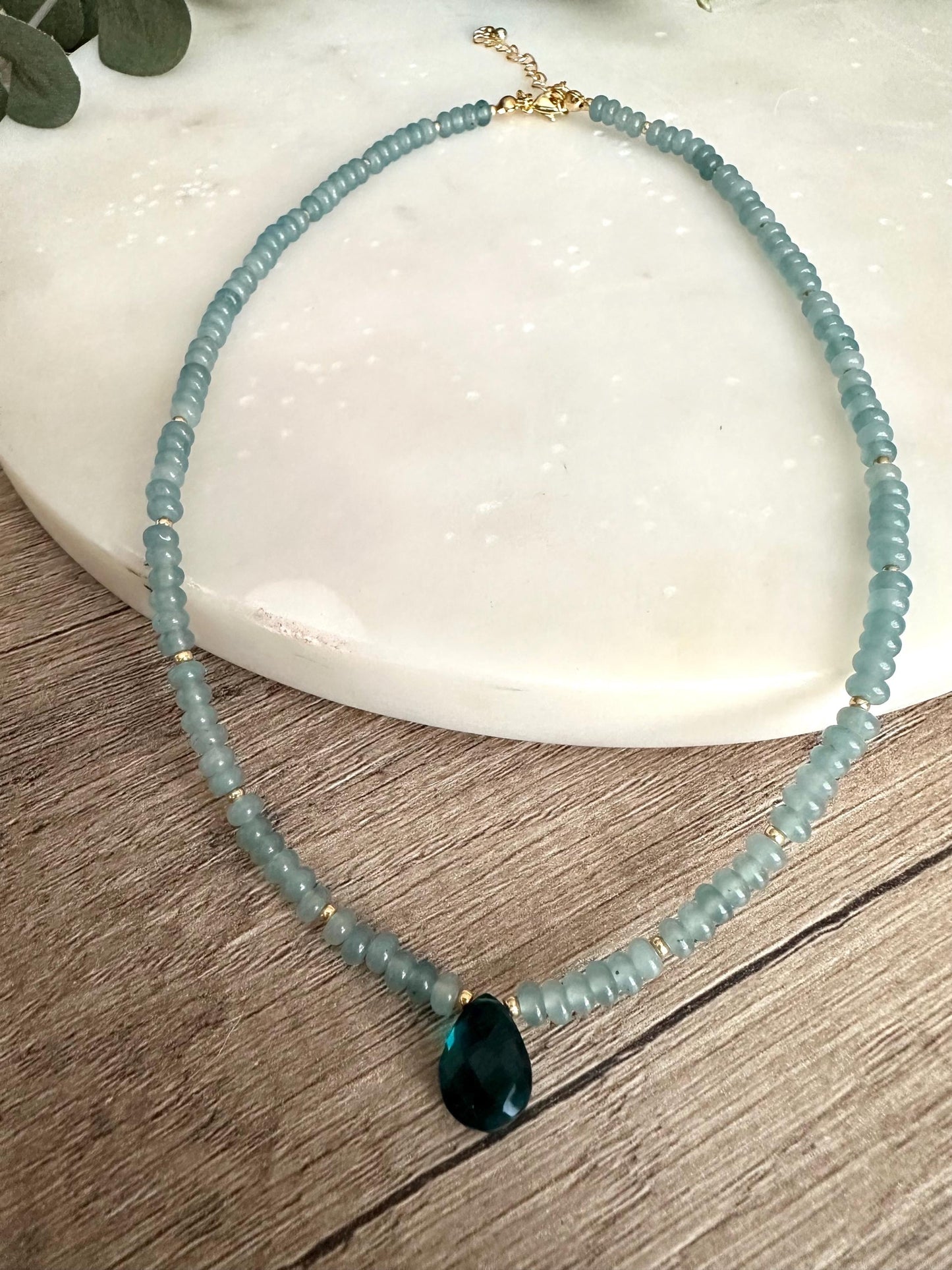 Light Teal Jade Beaded Necklace with Teal Quartz Drop Pendant