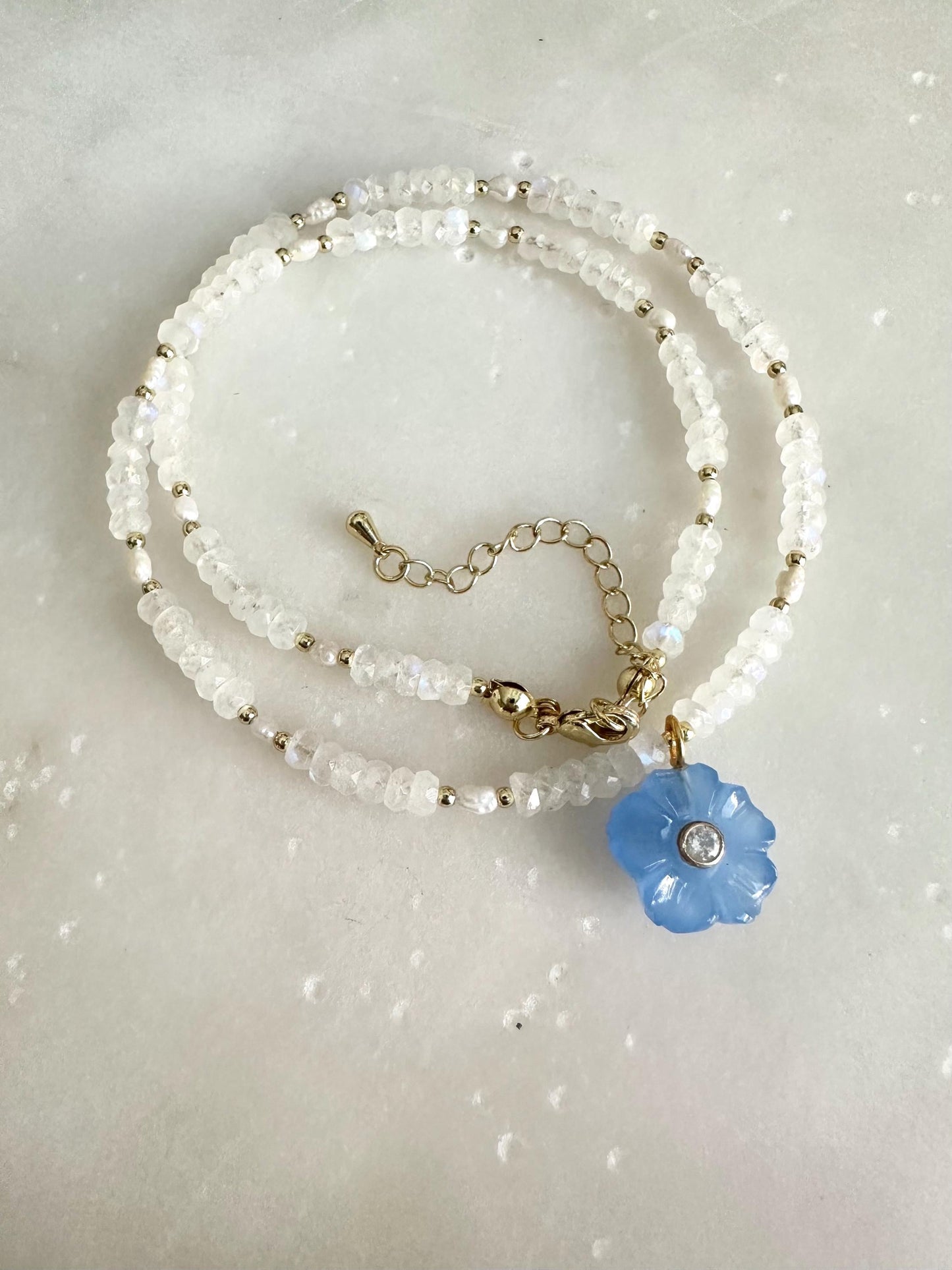 White Moonstone Necklace with Blue Opal Flower Pendant | Gemstone Beaded Necklace