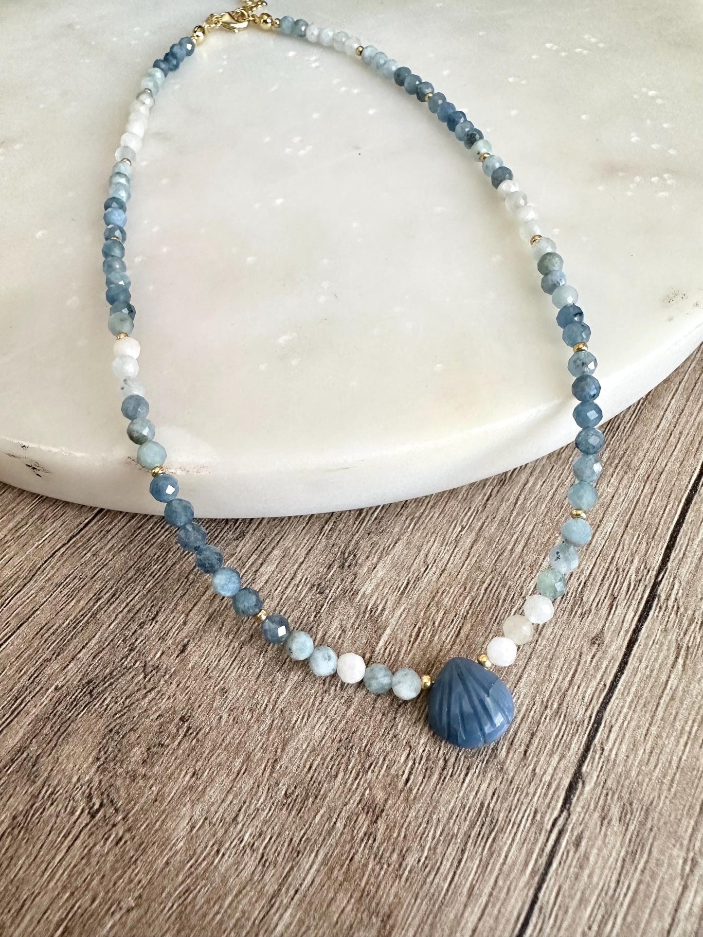 Gradient Aquamarine Necklace with Blue Opal Shell | Minimal Gold Filled Gemstone Necklace | 16” + Extender