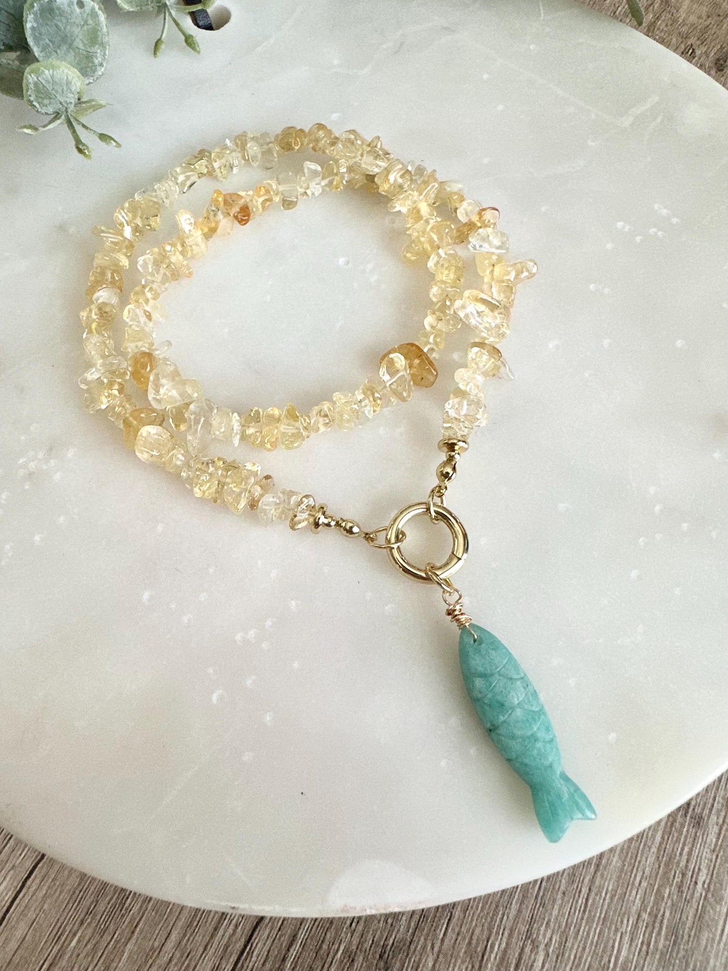 Citrine Chip Necklace with Amazonite Fish Pendant, Yellow Gemstone Necklace