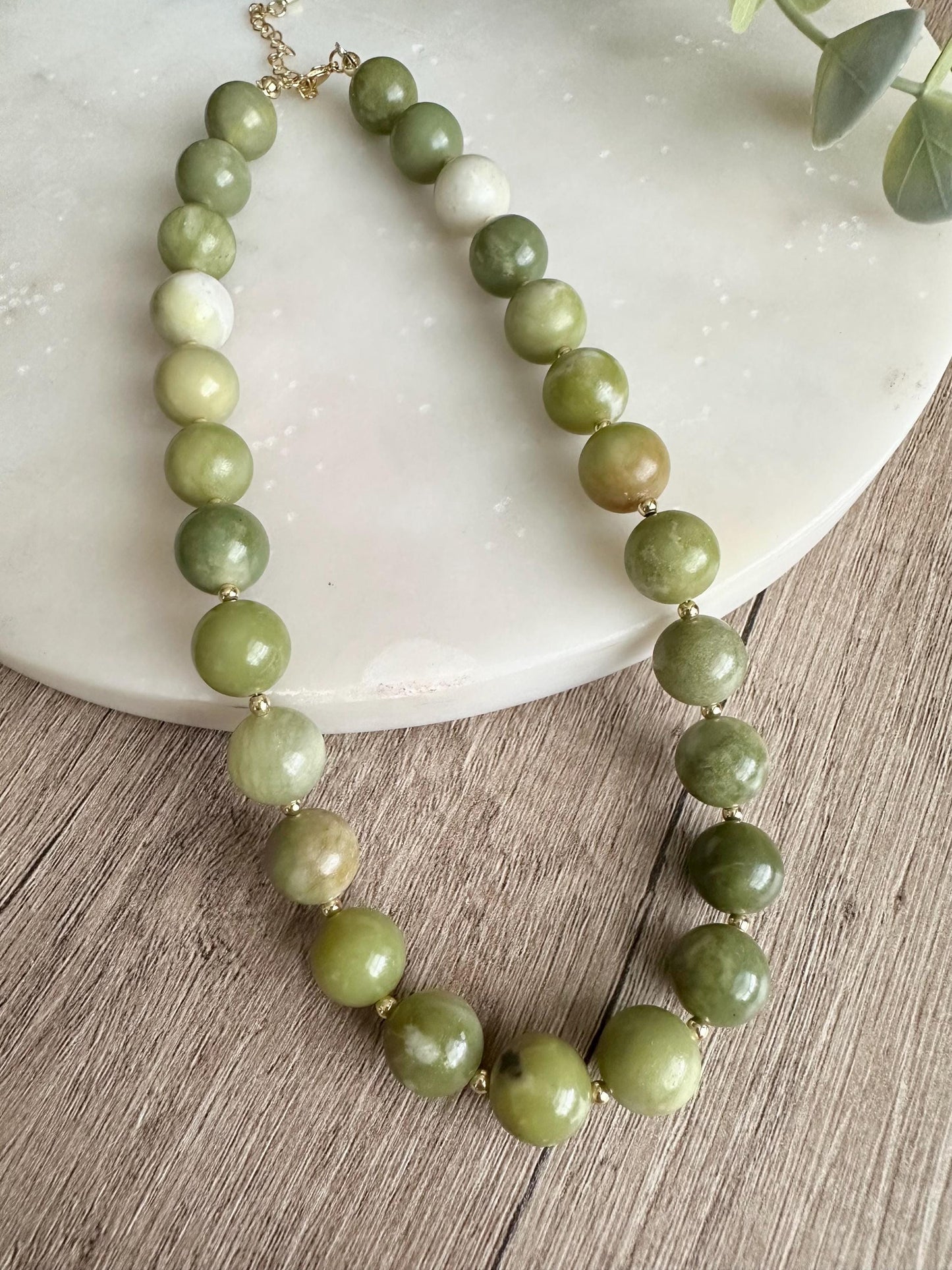 Natural Chinese Green Jade Necklace 12mm, Chunky Beaded Necklace, Statement Jewelry