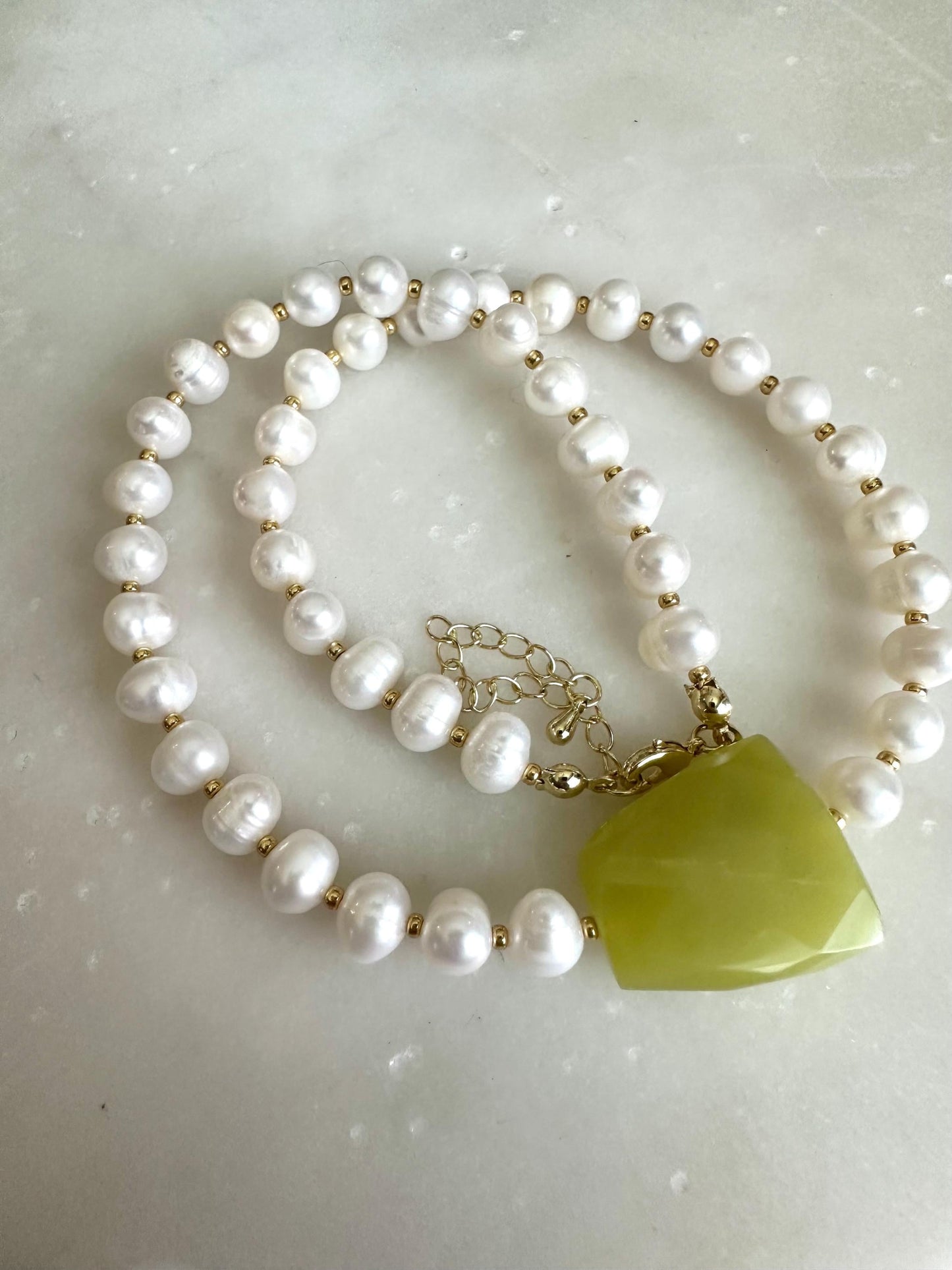 Green Jade Freshwater Pearl Statement Necklace, Gold Filled Clasp