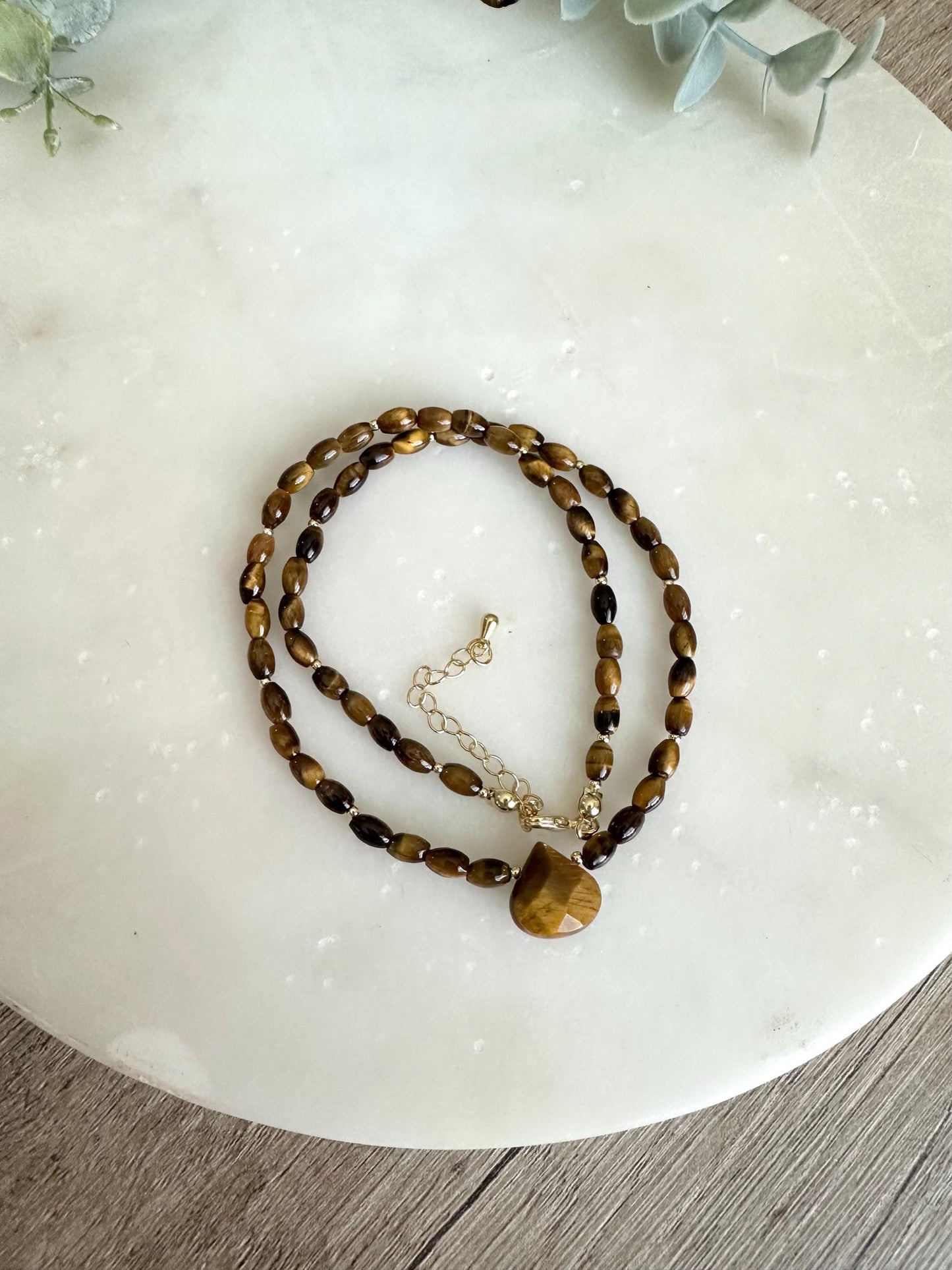 Tiger Eye Necklace with Teardrop Pendant, Beaded Necklace, Earthy Minimal Jewelry
