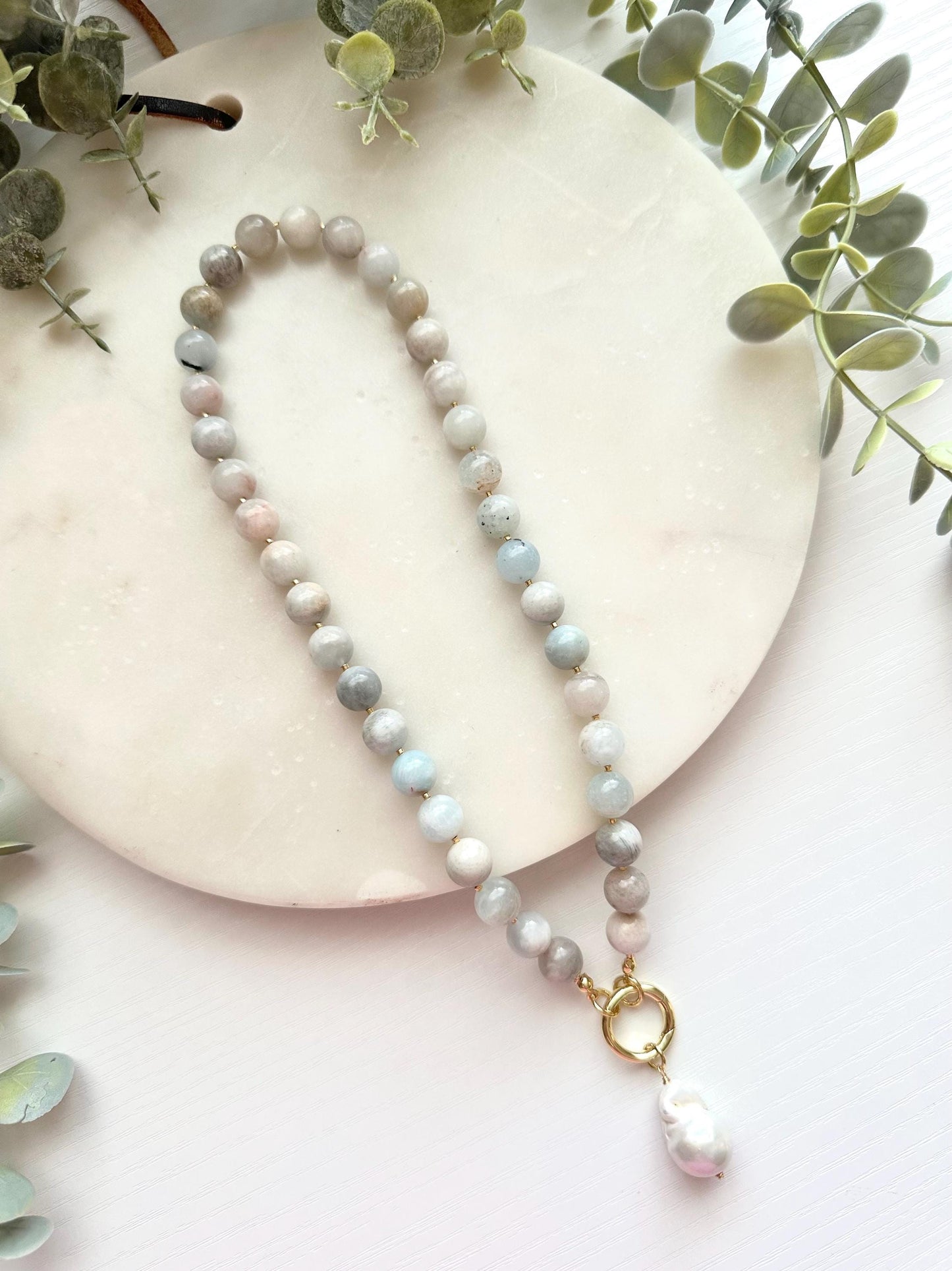 Aquamarine Necklace, Freshwater Pearl Pendant, Blue Necklace, Beaded Jewelry, Statement Necklace