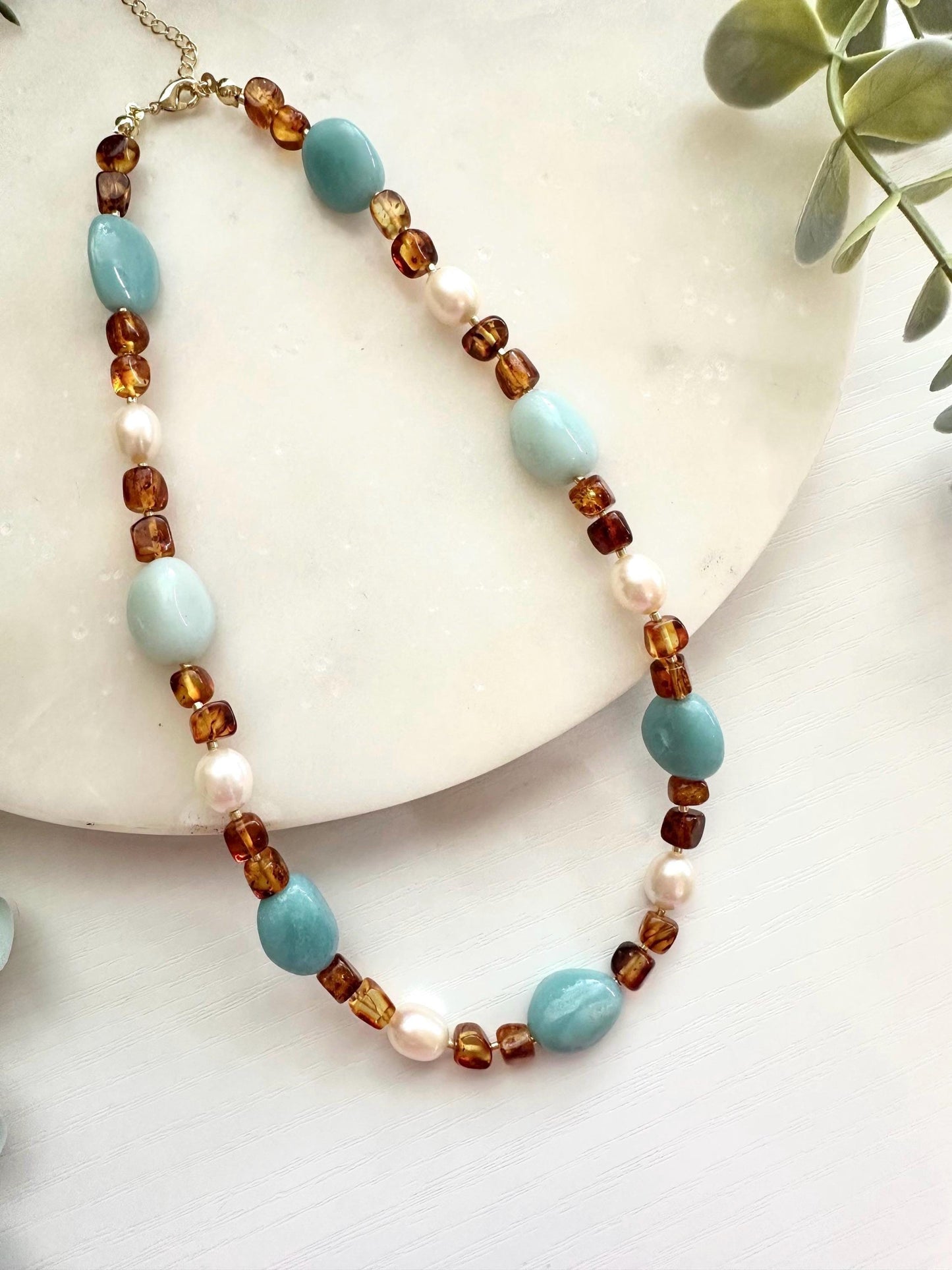 Amber & Amazonite Pearl Necklace | Freshwater Rice Pearl Gemstone Necklace | Coastal Statement Jewelry