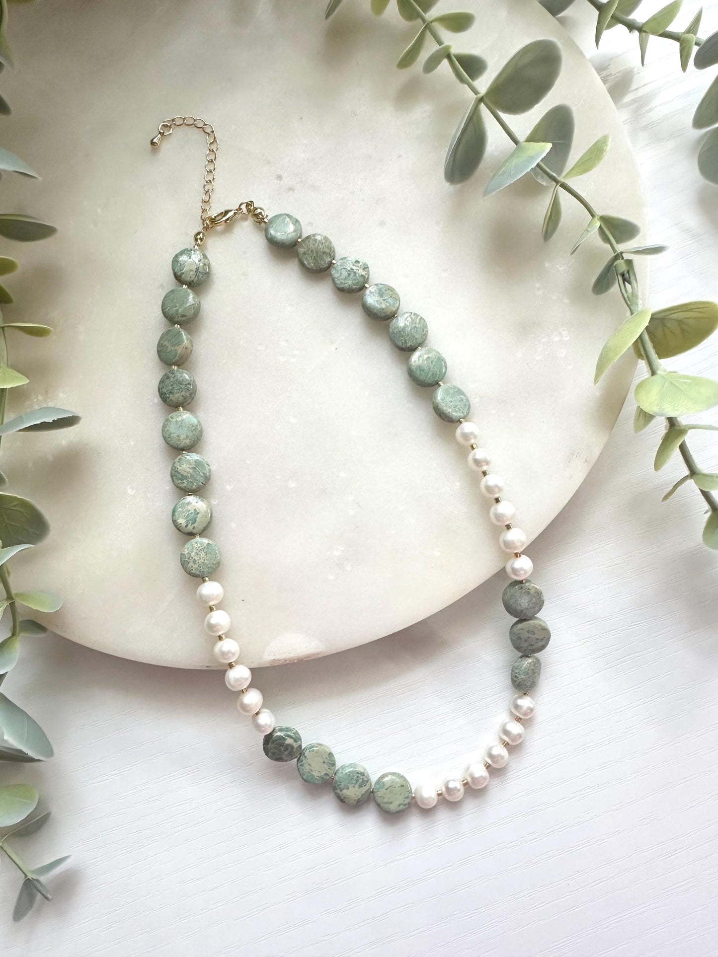 Aqua Terra Jasper and Pearl Necklace, Freshwater Pearl Necklace, Gemstone Necklace, Seafoam Green Necklace