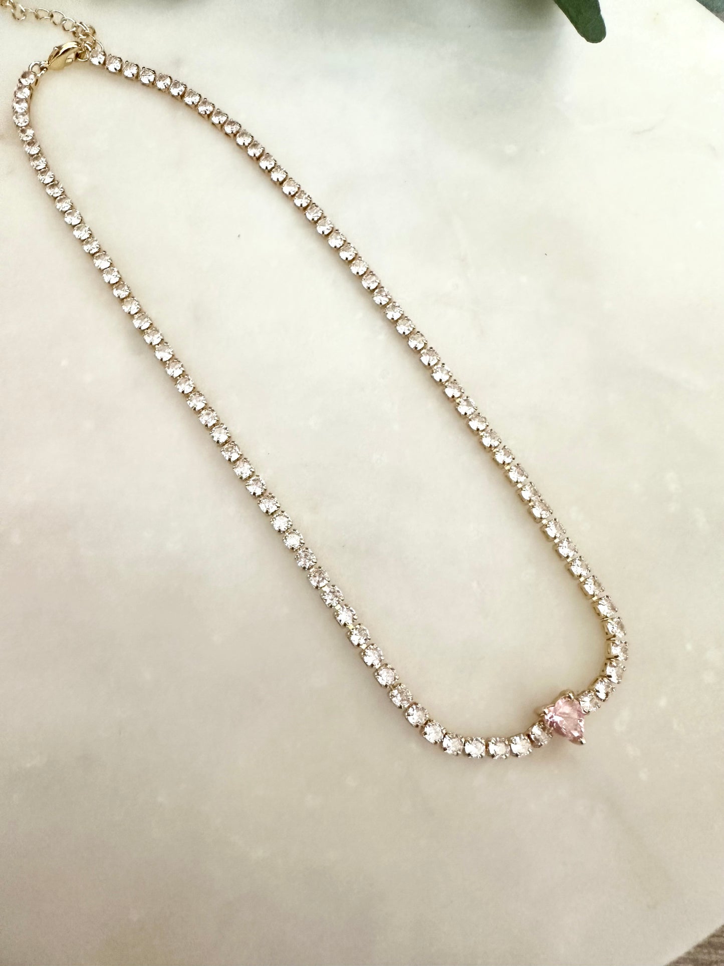 Tennis choker necklace cz diamond tennis necklace with pink heart