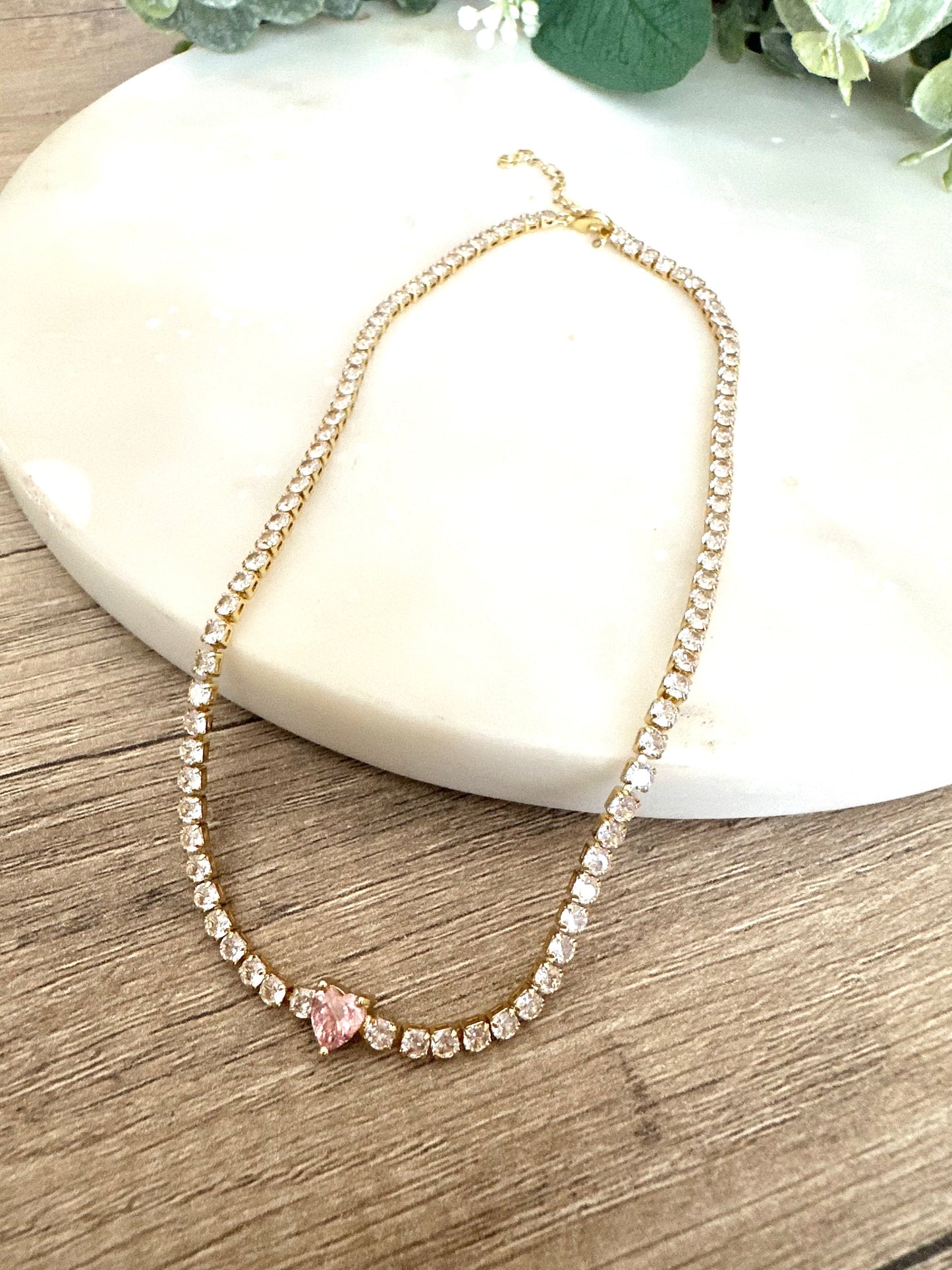 Tennis choker necklace cz diamond tennis necklace with pink heart