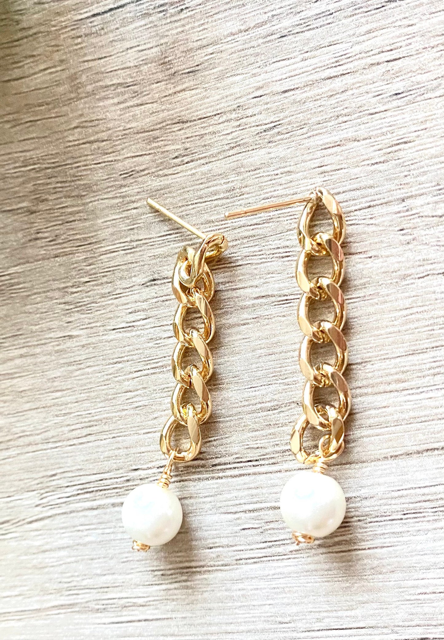 White Pearl Chain Statement Earrings- Brass Gold Tone Gift Idea-Wedding