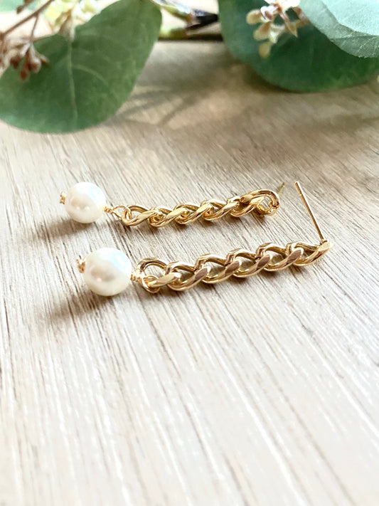 White Pearl Chain Statement Earrings- Brass Gold Tone Gift Idea-Wedding