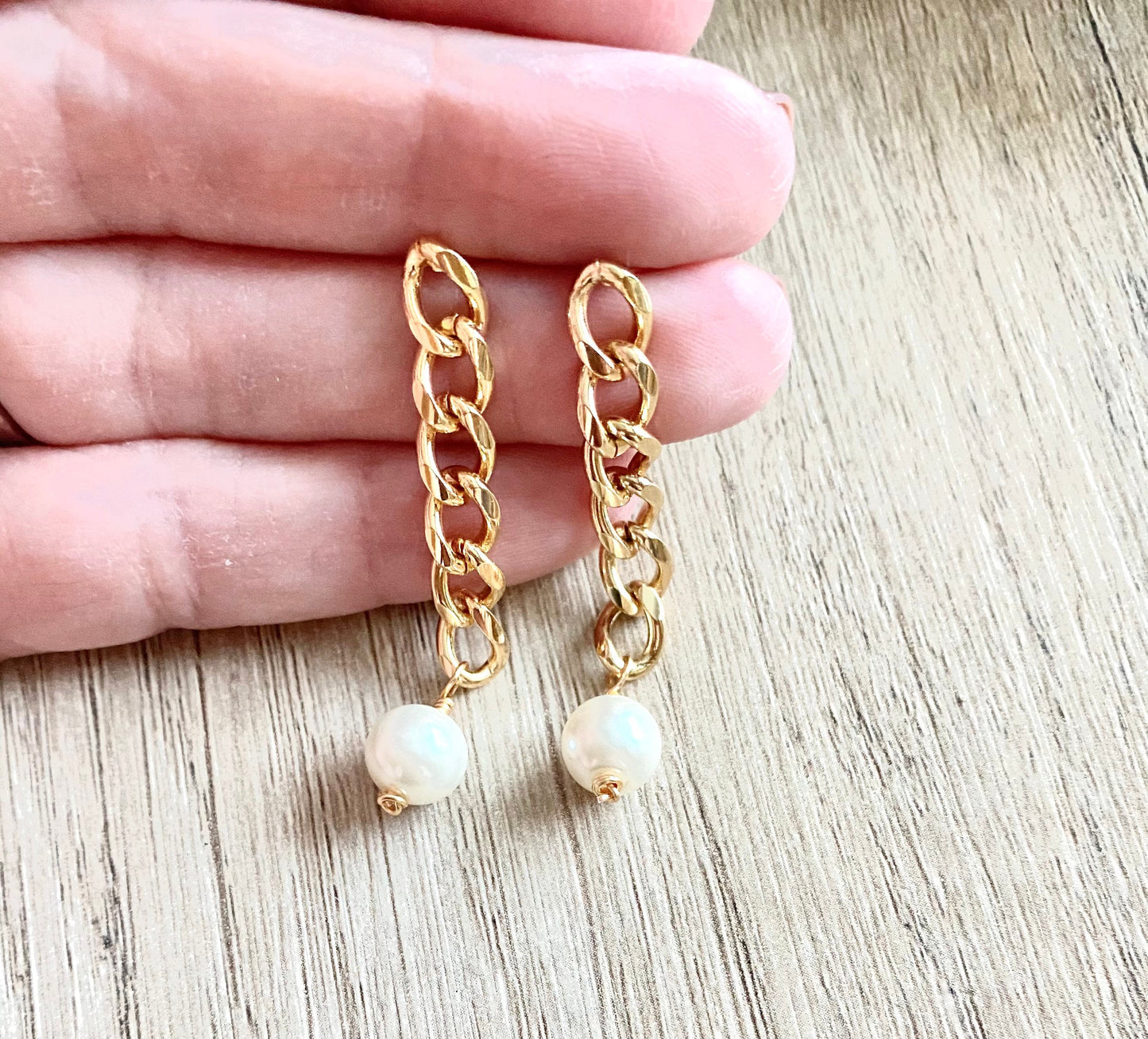 White Pearl Chain Statement Earrings- Brass Gold Tone Gift Idea-Wedding