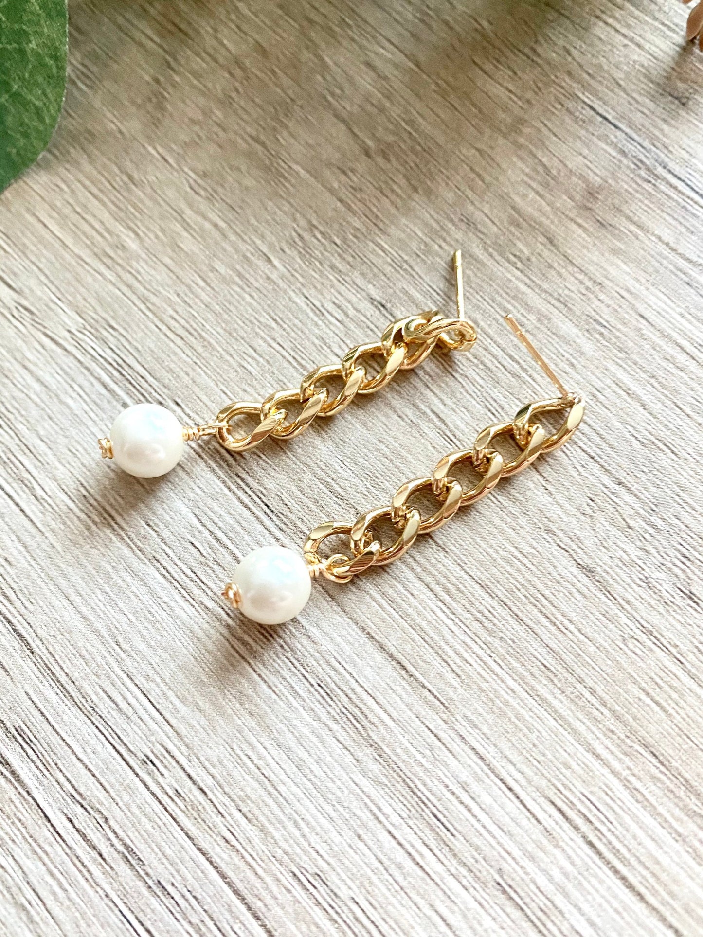 White Pearl Chain Statement Earrings- Brass Gold Tone Gift Idea-Wedding