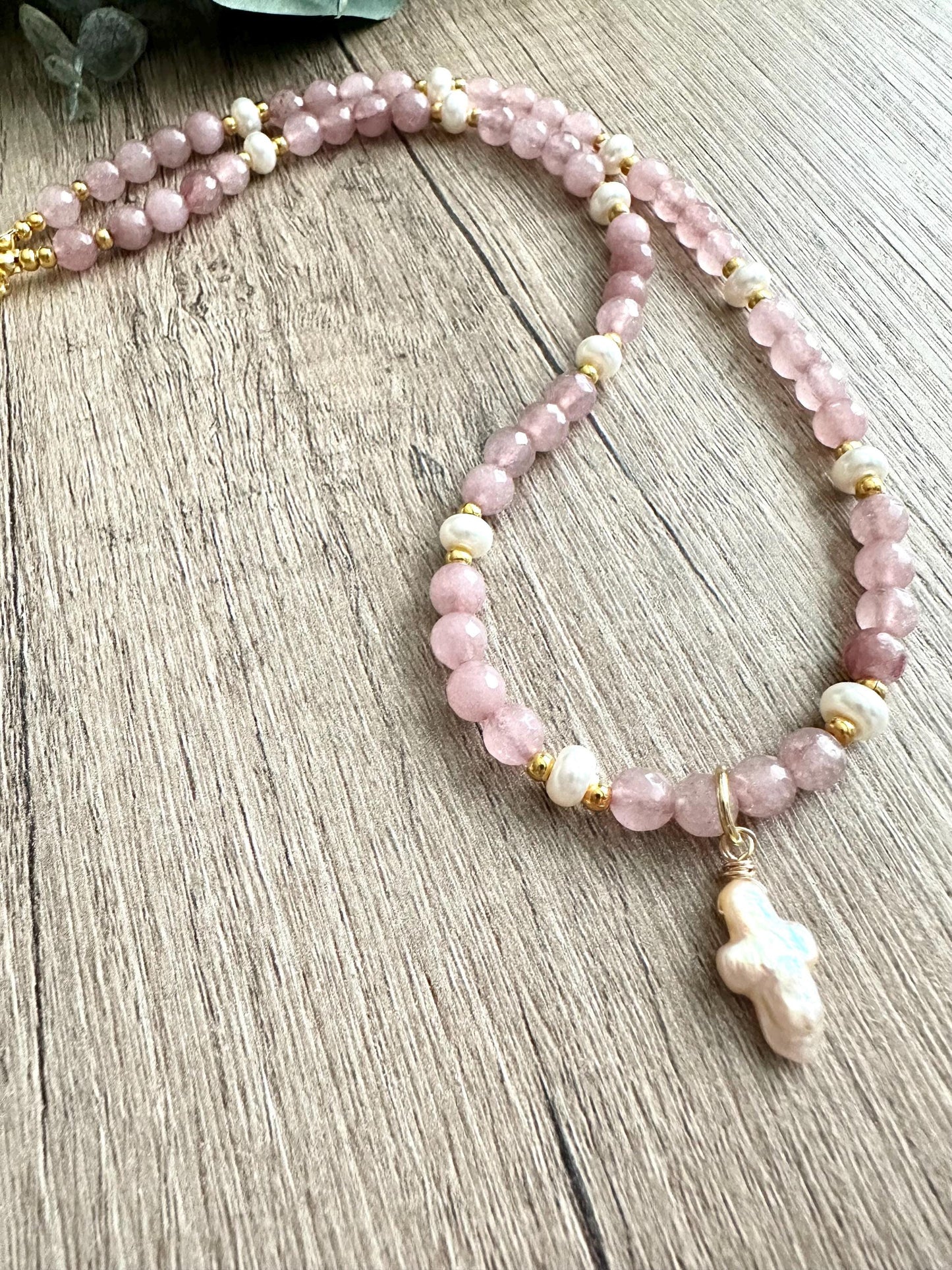 Pink Brown with Pearl Cross Beaded Necklace -Gift-Wedding-Bridesmaid