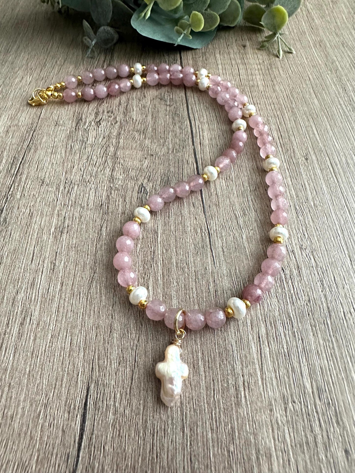Pink Brown with Pearl Cross Beaded Necklace -Gift-Wedding-Bridesmaid