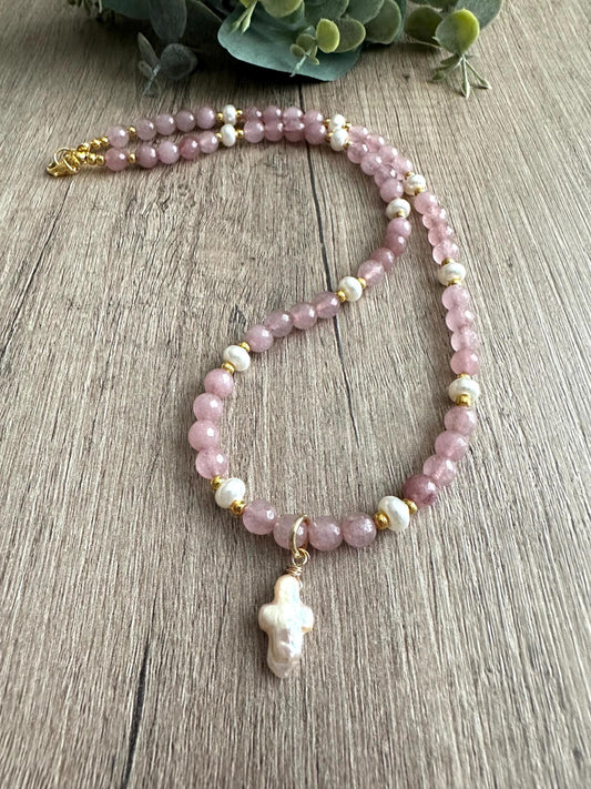 Pink Brown with Pearl Cross Beaded Necklace -Gift-Wedding-Bridesmaid