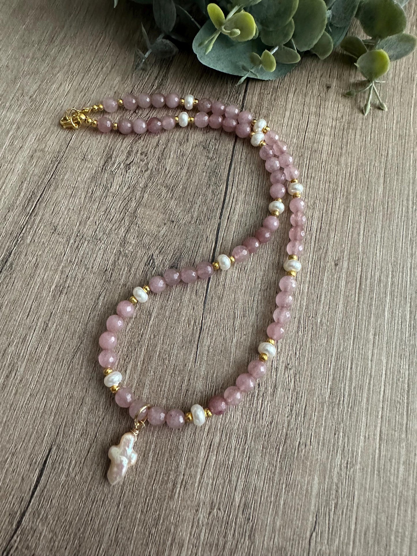 Pink Brown with Pearl Cross Beaded Necklace -Gift-Wedding-Bridesmaid