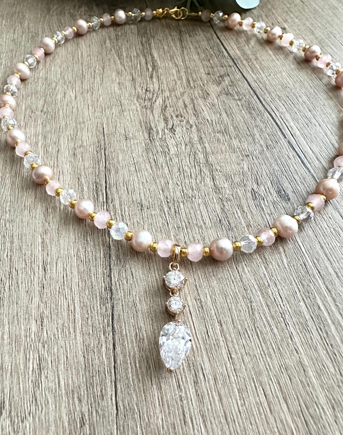 Pink  Beaded CZ Teardrop Pendant Necklace -Gift-Wedding-Bridesmaid