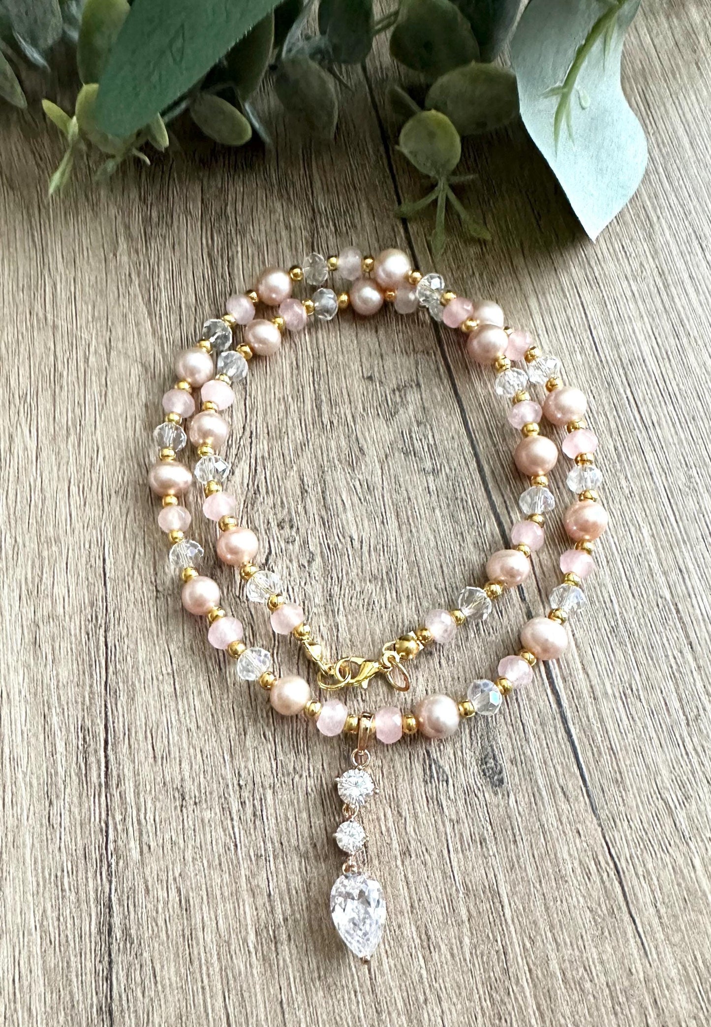 Pink  Beaded CZ Teardrop Pendant Necklace -Gift-Wedding-Bridesmaid