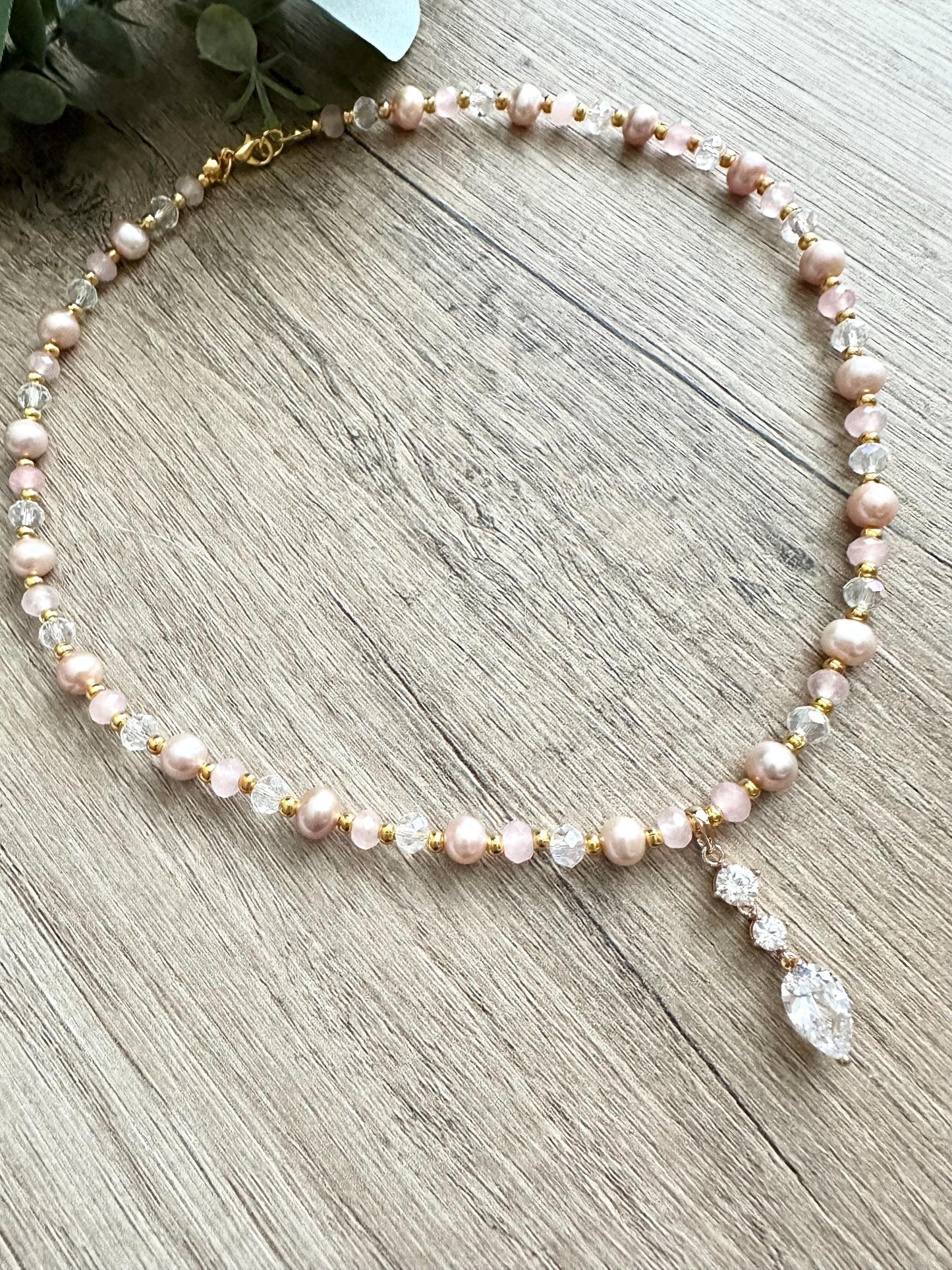 Pink  Beaded CZ Teardrop Pendant Necklace -Gift-Wedding-Bridesmaid