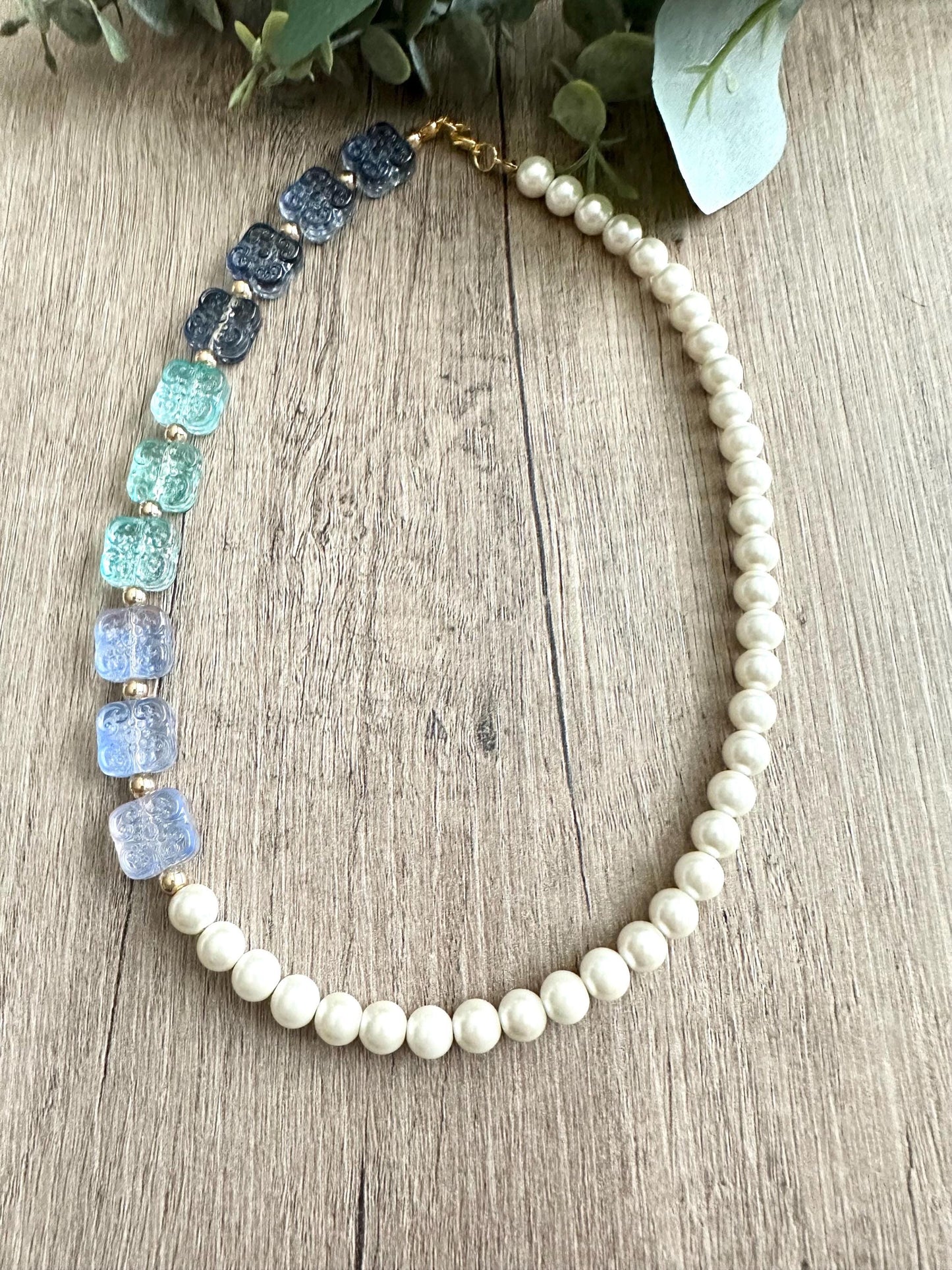 Blue Ombre and Pearls Beaded Necklace -Gift-Wedding-Bridesmaid