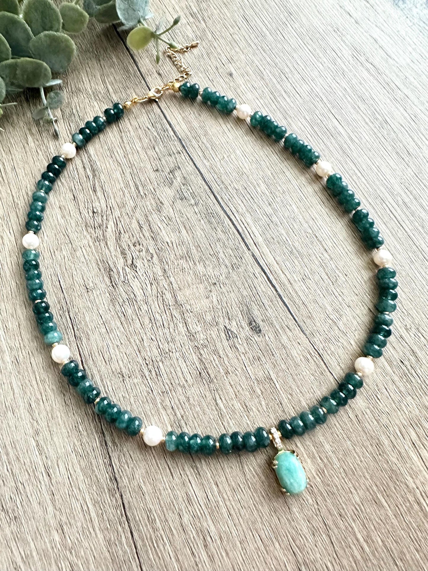 Emerald Green Jade Freshwater Pearls Beaded Necklace -Gift-Wedding-Bridesmaid