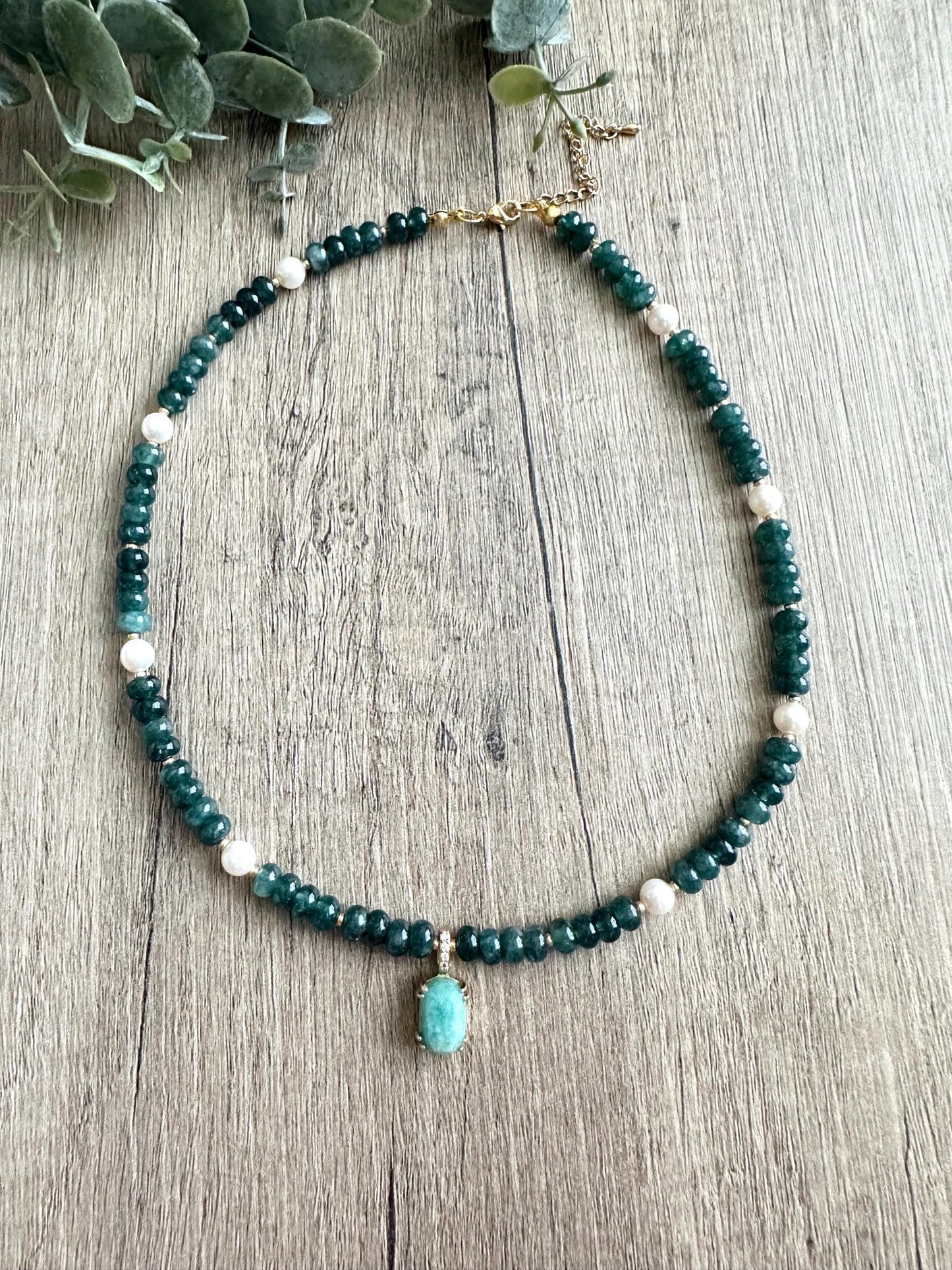 Emerald Green Jade Freshwater Pearls Beaded Necklace -Gift-Wedding-Bridesmaid