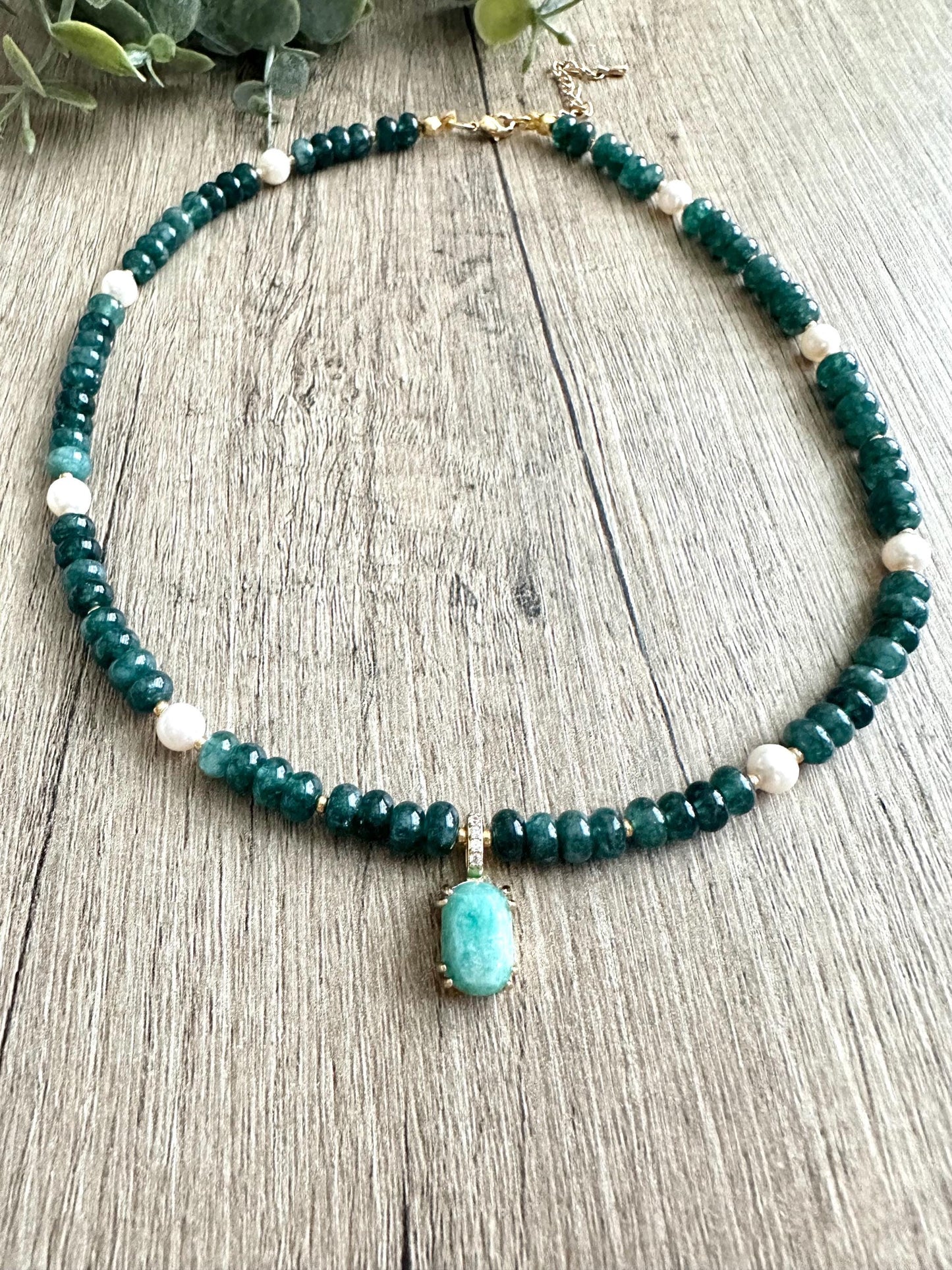 Emerald Green Jade Freshwater Pearls Beaded Necklace -Gift-Wedding-Bridesmaid